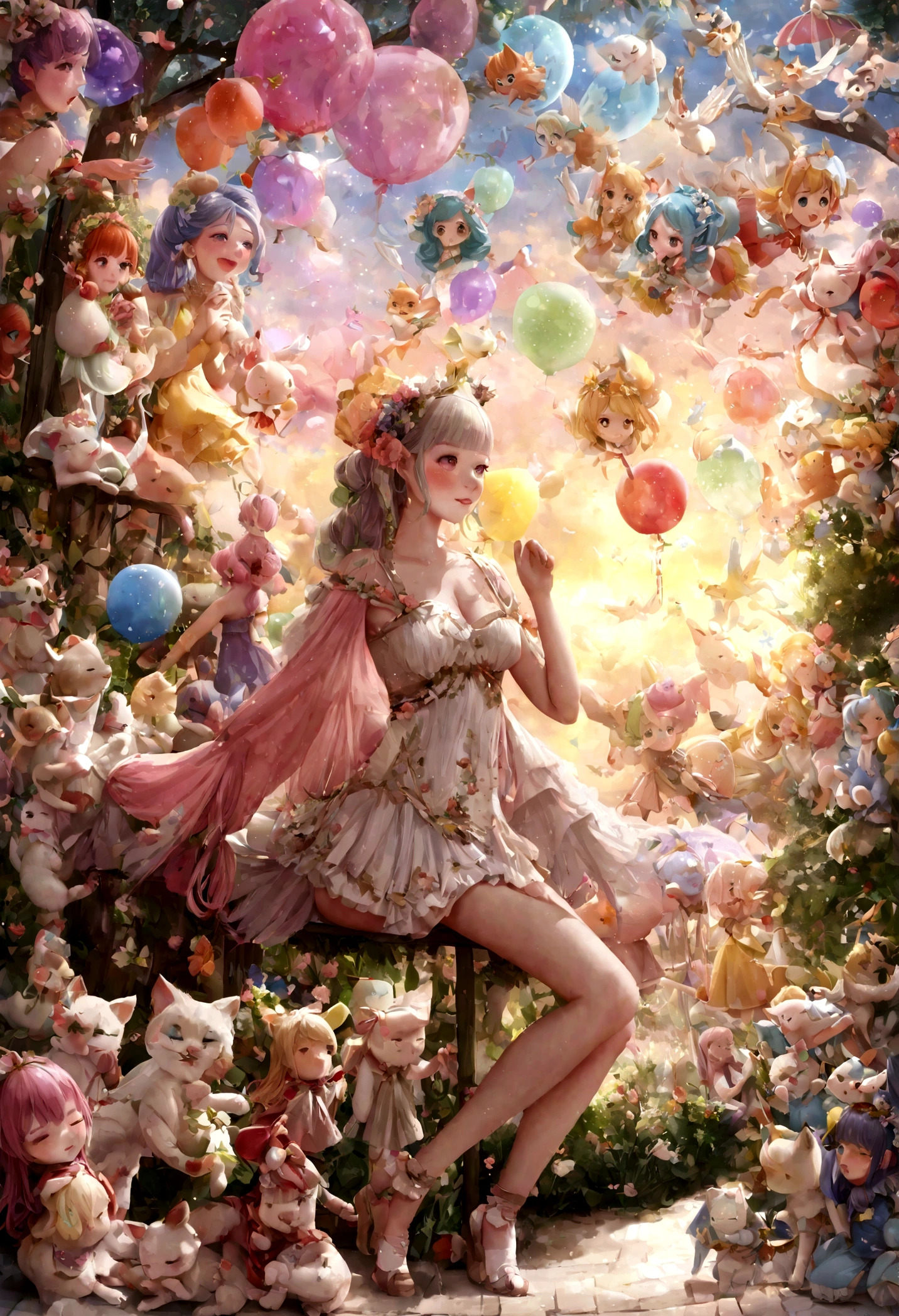 (lindo:1.1,rosa:1.1,aesthetic:1.2),whimsical fantasy land,Grande, [colores pasteles], [soft lighting], [dream atmosphere], [Nubes esponjosas], [globos de colores], [estrellas brillantes], [lush vegetation], [hongos gigantes], [Rolling Hills], [mariposas], [conejos conejos], [Laughing fairies], [Cascadas que fluyen], [Arco iris resplandeciente], [laughing girls], [contemplando el atardecer], [Luces parpadeantes], [flores delicadas], [castillo encantado], [criaturas magicas], [unicornios riendo], [birds singing], [Elefantes bailarines], [luxury tea party], [cielo lleno de dulces], [burbujas flotantes], [Deliciosos dulces], [gatitos juguetones], [Whispering trees], [magic swings], [rincones sentimentales ocultos], [piruletas gigantes], [smiling fonts], (realista,photorealista:1.37), (mejor calidad,4k,8K,high resolution,obra maestra:1.2)