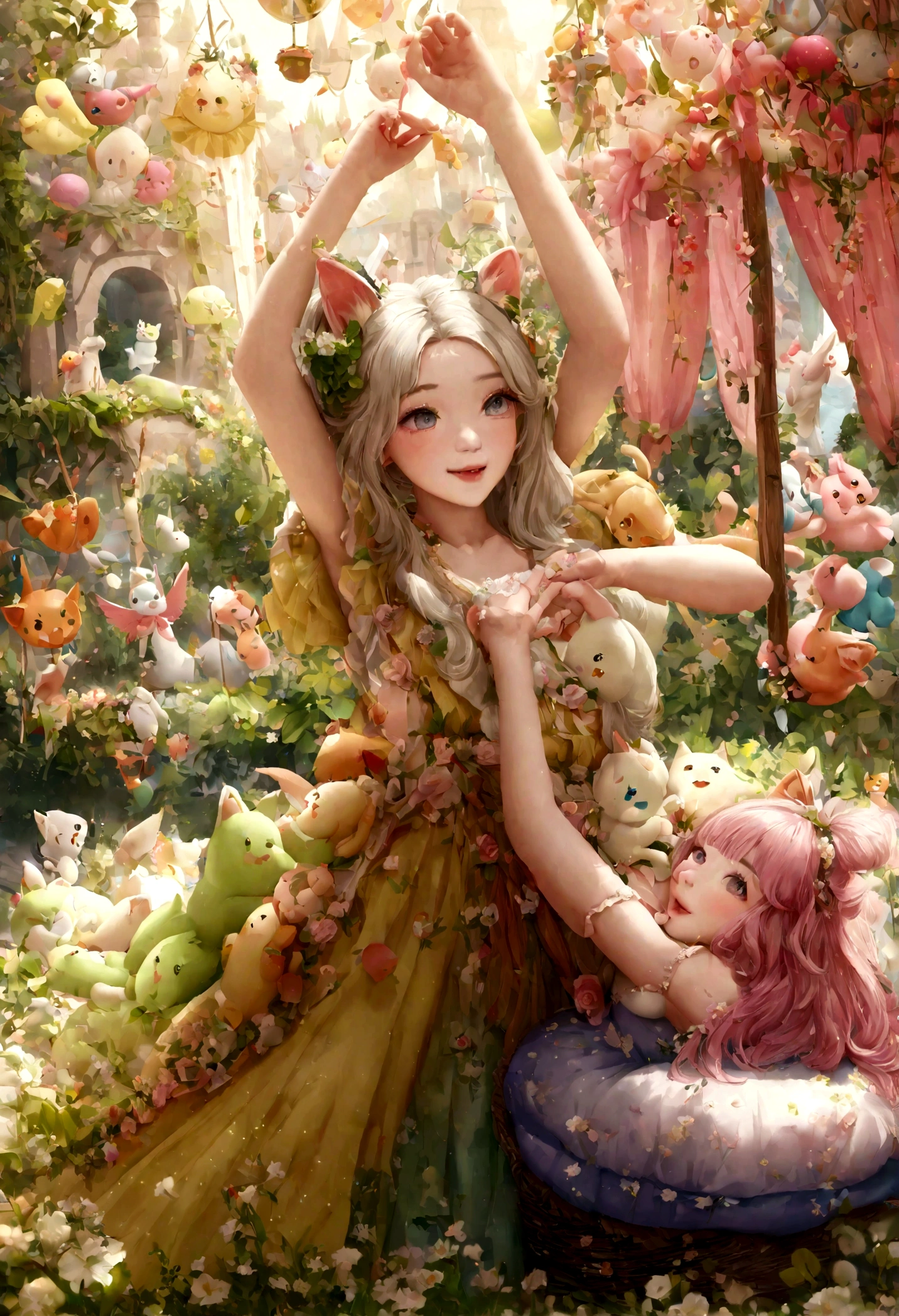 (lindo:1.1,rosa:1.1,aesthetic:1.2),whimsical fantasy land,Grande, [colores pasteles], [soft lighting], [dream atmosphere], [Nubes esponjosas], [globos de colores], [estrellas brillantes], [lush vegetation], [hongos gigantes], [Rolling Hills], [mariposas], [conejos conejos], [Laughing fairies], [Cascadas que fluyen], [Arco iris resplandeciente], [laughing girls], [contemplando el atardecer], [Luces parpadeantes], [flores delicadas], [castillo encantado], [criaturas magicas], [unicornios riendo], [birds singing], [Elefantes bailarines], [luxury tea party], [cielo lleno de dulces], [burbujas flotantes], [Deliciosos dulces], [gatitos juguetones], [Whispering trees], [magic swings], [rincones sentimentales ocultos], [piruletas gigantes], [smiling fonts], (realista,photorealista:1.37), (mejor calidad,4k,8K,high resolution,obra maestra:1.2)
