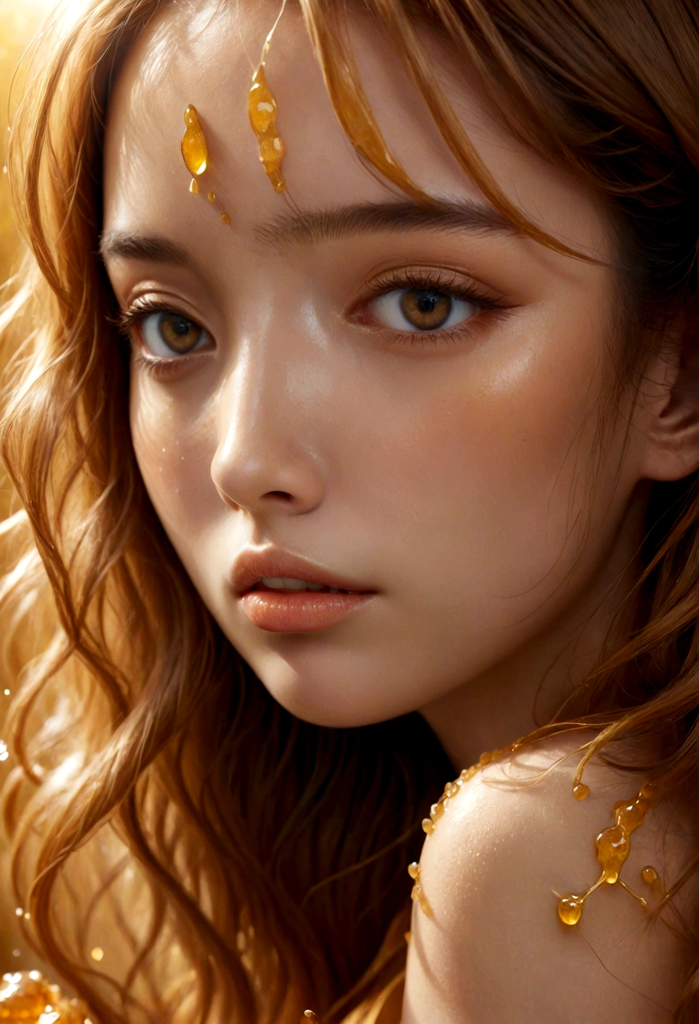 a girl covered in honey, beautiful detailed eyes, beautiful detailed lips, extremely detailed face, long eyelashes, flowing golden hair, honey dripping down her skin, golden honey color palette, soft warm lighting, magical fantasy, highly detailed, 8K, photorealistic, masterpiece, surreal, cinematic