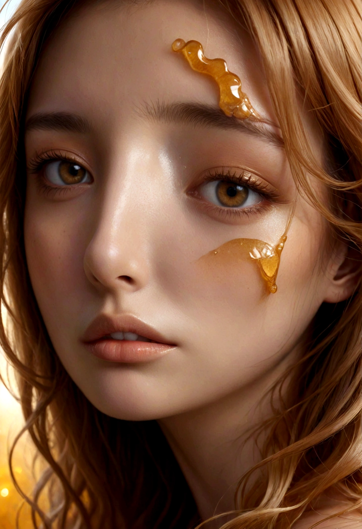 a girl covered in honey, beautiful detailed eyes, beautiful detailed lips, extremely detailed face, long eyelashes, flowing golden hair, honey dripping down her skin, golden honey color palette, soft warm lighting, magical fantasy, highly detailed, 8K, photorealistic, masterpiece, surreal, cinematic