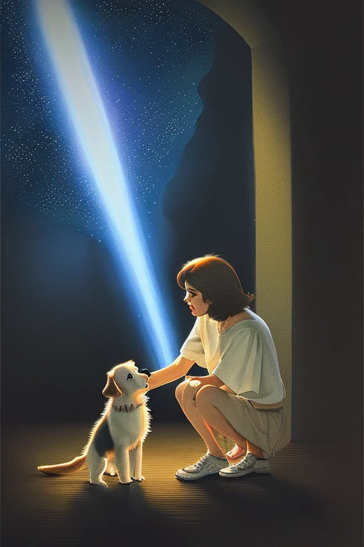 With the delicate feelings of professional illustrators in mind、With a (((small dog))) crouching in the dark、The radiance of a great light from the heavens watches over her.、With a gentle and stylish jazz fusion melody、Try generating it。