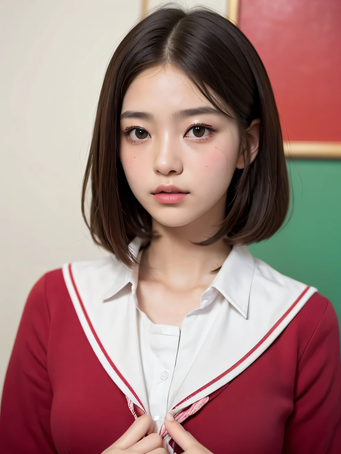 (masterpiece:1.3)、8k,Very fine finish、(High resolution、8k:1.3)、highest quality、Beautiful Hands、Beautiful Hands指、(Ultra-realistic as a photo:1.3), Ultra High Resolution Face、The face is in focus、Ultra high definition and beautiful eyes、(Concentrated eyes:1.3)、(Eyes are symmetrical:1.3)、High quality and beautiful skin、Firm Skin、Natural Makeup、Gloss lips, Ultra HD Hair Texture、Japanese women、high school girl、20-year-old、(High School Uniform:1.3), very cute, in red、Very short hair:1.2, Mid-chest, Pink wall、 (Very embarrassed:1.3), (blush:1.3), (View Viewer:1.2)