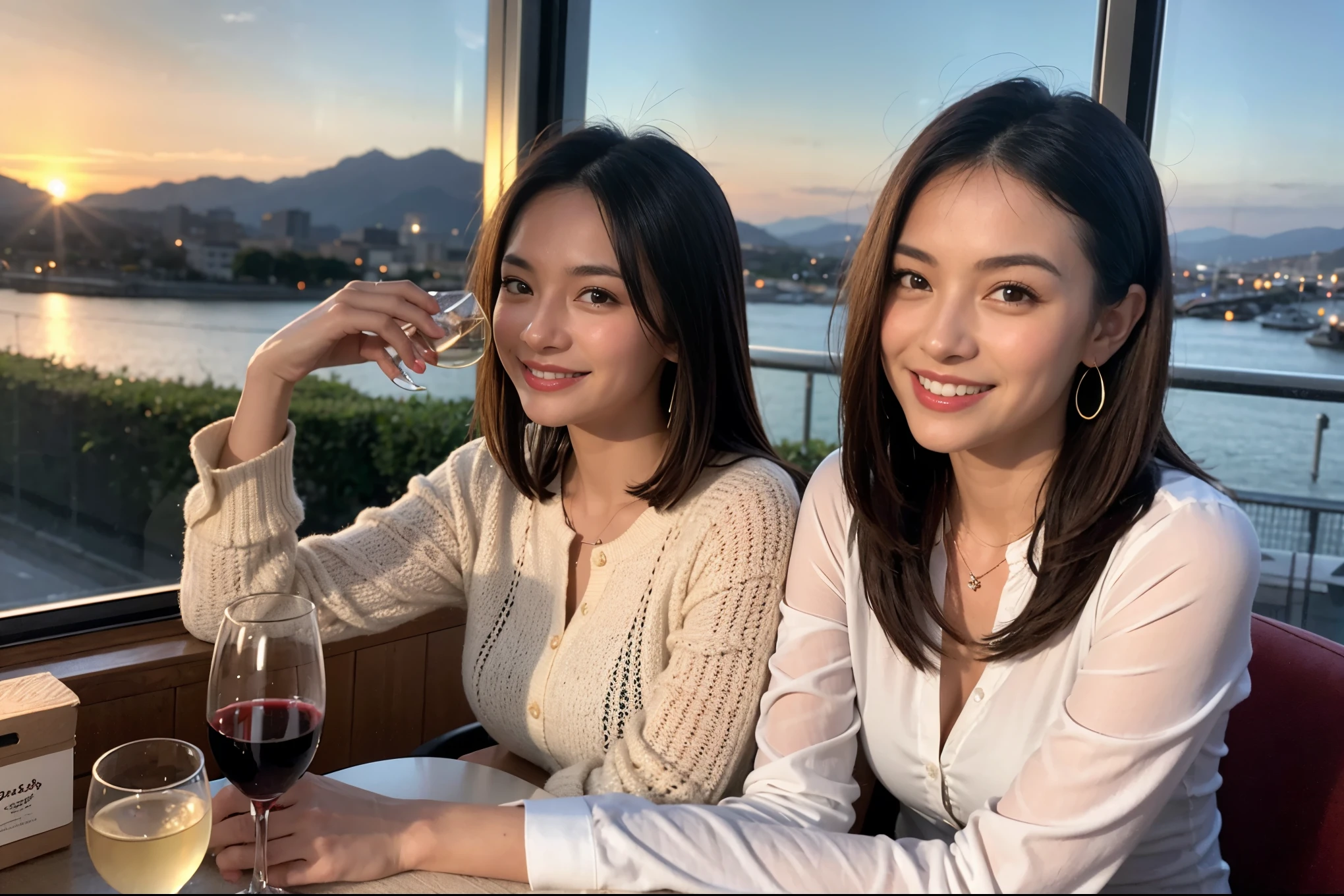 ((highest quality、8k、masterpiece:1.3))、1 male、1 female、Spouse、Beautiful couple、smile、 (Slim face), (the body is スリム), (Brown Hair), (Shortcuts), ((Bob Hale、Straight hair:1.2)), テーブルの上のwine glass、Please shine a light on my face、 Amazing view of the sunset sky and clouds、Amazing mountain views、smileの美しさ、Bright image、Blushing, Shortcuts,Bright Face、 (Age 35), 39 years old, red wine 、Appetizers、Italian food、Wine bottle、Champagne、sparkling wine、Long sleeve shirt、dress、Attractive beauty、restaurant, Nova Frog Style, actress, model, Upper Body, White wine, red wine, wine glass,