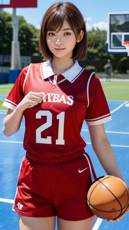 (RAW Photos:1.2), (Realistic:1.4), Beautiful Japanese Girl, Very detailed eyes and face, Beautiful details, Ridiculous, incredibly Ridiculous, Large file size, Very detailed, High resolution, Very detailed, highest quality, masterpiece, shape, Very detailed, CG, Unified, 8k wallpaper, wonderful, Fine details, masterpiece, highest quality, Very detailed CG、8k wallpaper, Light on the face, Cinema Lighting,( One Girl),(Big Ass)、Curvy,(Full Body Shot)、(the wind is strong)、26 years old、Slightly brown hair color,((short hair))、Shiny Hair、 ((red color basketball uniform:1.4)),Red uniform,No sleeve, (Basketball court:1.2), (blue sky:1.45),Ample breasts、Seductive pose、Small nose、Short nose、(Shiny Hair:1.4), sweat,wet,enraptured smile