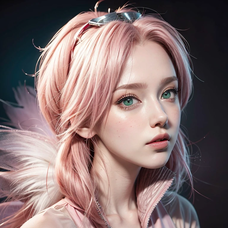 young woman, pale skin, short bubblegum pink hair, wide forehead, emerald green eyes, buttoned nose, peach lips, heart-shaped face, slender, red clothes, Sakura Haruno, 3d, realism, angelic face, maya in net