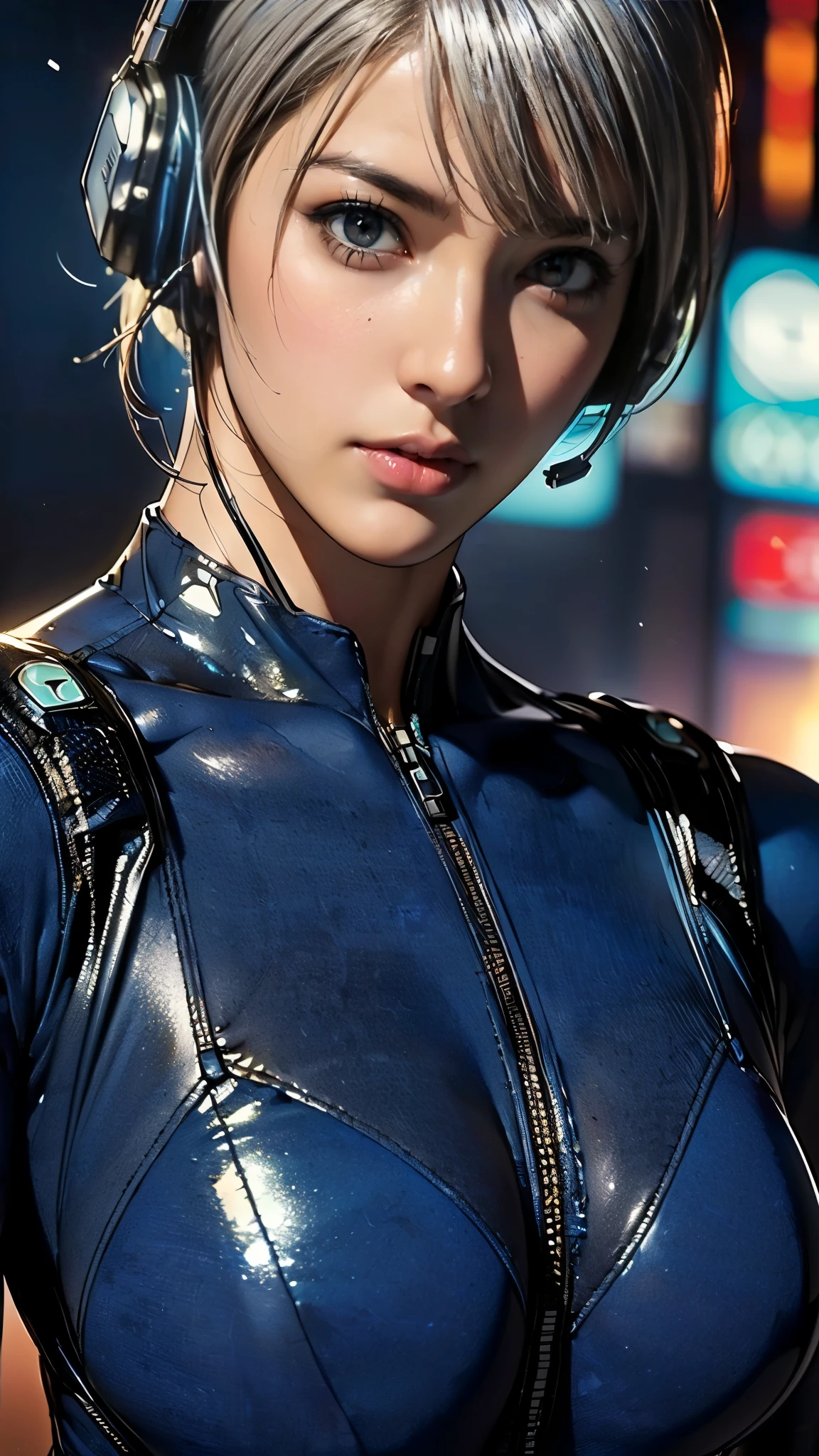 (((masterpiece:1.5),(highest quality:1.5),(Very detailed:1.5),(High resolution:1.5),(Realistic:1.5),(Realistic:1.5),(Delicate depiction),(Gentle colors))),8k,wallpaper,BREAK(One Woman),((Upper body close-up:1.5)),(front:1.5),Japanese,(Short Bob),(Silver Hair),(Beautiful Hair:1.5),(Shiny Hair:1.3),(Detailed hair drawing:1.2),((Looking at me:1.5)),BREAK(((Navy blue tactical bodysuit:1.5))),((Tactical Headset:1.5)),((Detailed drawing of the costume:1.5)),(Fine skin:1.5),(Shiny skin:1.3),(Beautiful Face:1.5),(Cute Face:1.5),(A serious face:1.5),BREAK(Big Breasts:1.2),(((Muscular:1.5))),((Sexy Looks:1.5)),((Cyberpunk atmosphere:1.5)),(The background is the city:1.5),(faint light:1.5),(((Blur the background:1.5)))