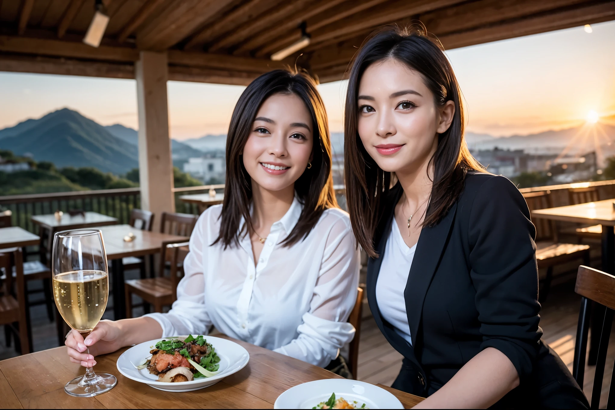 ((highest quality、8k、masterpiece:1.3))、1 male、1 female、Spouse、Beautiful couple、smile、 (Slim face), (the body is スリム), (Brown Hair), (Shortcuts), ((Bob Hale、Straight hair:1.2)), テーブルの上のwine glass、Please shine a light on my face、 Amazing view of the sunset sky and clouds、Amazing mountain views、smileの美しさ、Bright image、Blushing, Shortcuts,Bright Face、 (Age 35), 39 years old, red wine 、Appetizers、Italian food、Wine bottle、Champagne、sparkling wine、Long sleeve shirt、dress、Attractive beauty、restaurant, Nova Frog Style, actress, model, Upper Body, White wine, red wine, wine glass, 