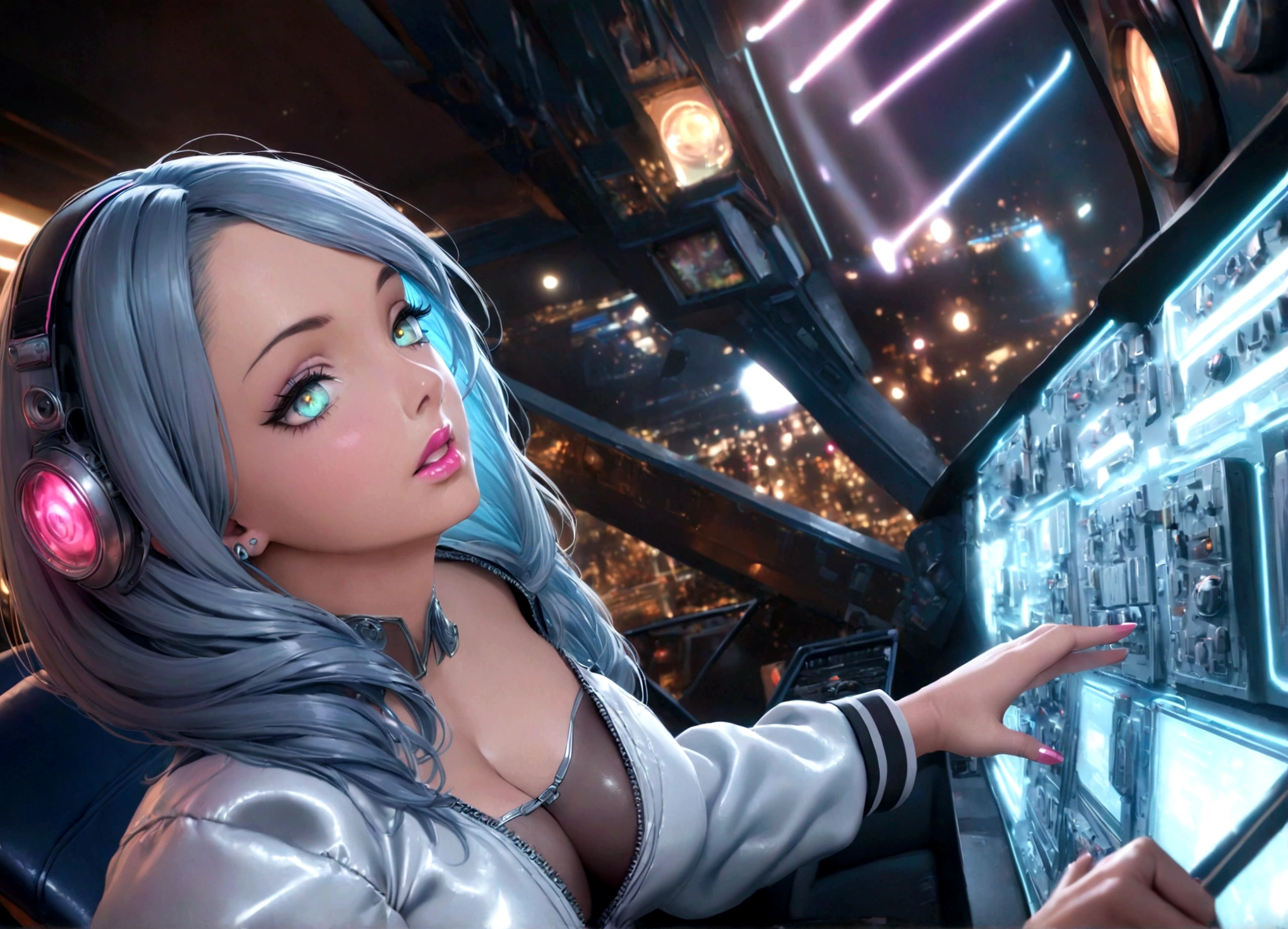 A sexy female space captain in a 50s-styled space outfit piloting her rocket with blinking controls and bright lights, highly detailed, photorealistic, 8k, hyper-realistic, extremely detailed, ultra-detailed, masterpiece, detailed eyes, detailed lips, long eyelashes, muscular, confident expression, dramatic lighting, neon colors, intricate ship interior, glowing displays, metallic textures, shiny surfaces, dynamic pose, cinematic angle
