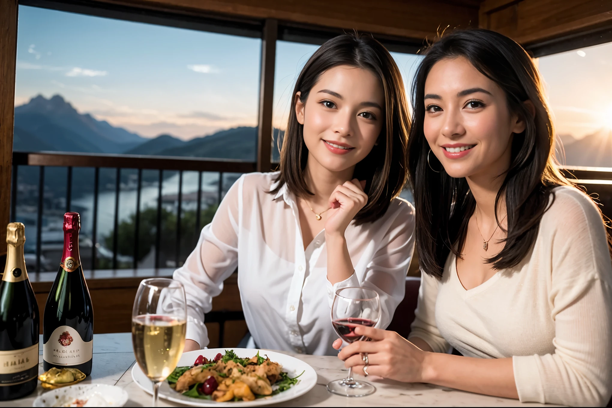 ((highest quality、8k、masterpiece:1.3))、1 male、1 female、Spouse、Beautiful couple、smile、 (Slim face), (the body is スリム), (Brown Hair), (Shortcuts), ((Bob Hale、Straight hair:1.2)), テーブルの上のwine glass、Please shine a light on my face、 Amazing view of the sunset sky and clouds、Amazing mountain views、smileの美しさ、Bright image、Blushing, Shortcuts,Bright Face、 (Age 35), 39 years old, red wine 、Appetizers、Italian food、Wine bottle、Champagne、sparkling wine、Long sleeve shirt、dress、Attractive beauty、restaurant, Nova Frog Style, actress, model, Upper Body, White wine, red wine, wine glass,