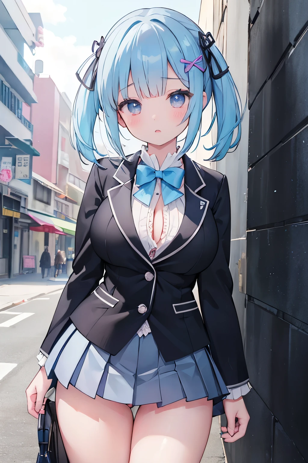(8K、Highest quality、highest quality、masterpiece)、Detailed face、One girl、Rem from Re:Zero、Light blue hair 、short hair、twintails、blunt bangs、Grey Eyes、、、((Blazer jacket uniform))、((Pleated skirt))、((No panties))、((bent over))、Back Alley Background、Very large breasts、Nipples are visible、、Black Pantyhose、Milk dripping from nippleilk spurting from the nipple、、Open your mouth、Troubled face、Love juice from the genitals、Full body portrait、Walking around the city、One man、Hearts in the eyes、Sex with a man