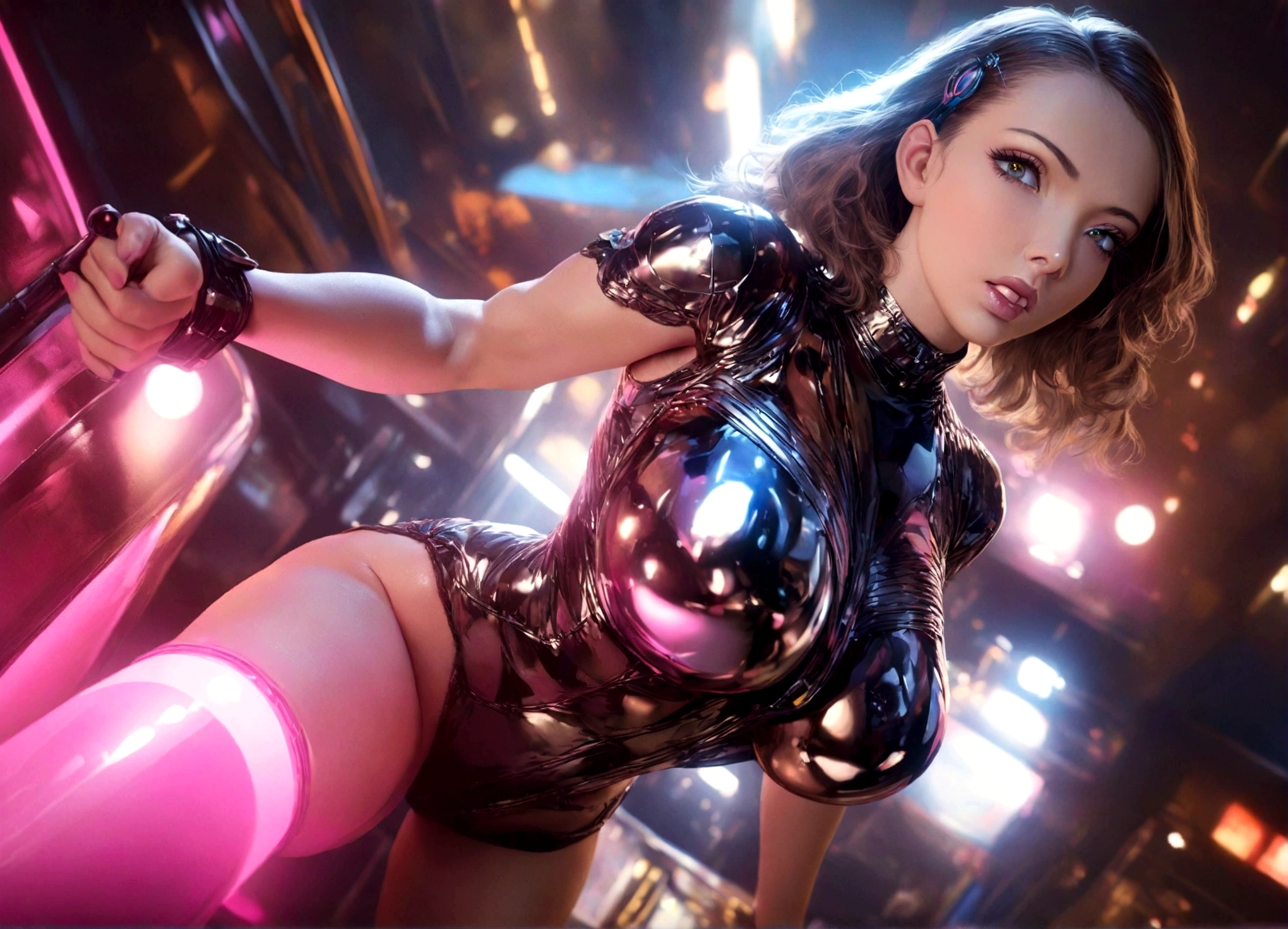 A sexy female space captain in a 50s-styled space outfit piloting her rocket with blinking controls and bright lights, highly detailed, photorealistic, 8k, hyper-realistic, extremely detailed, ultra-detailed, masterpiece, detailed eyes, detailed lips, long eyelashes, muscular, confident expression, dramatic lighting, neon colors, intricate ship interior, glowing displays, metallic textures, shiny surfaces, dynamic pose, cinematic angle
