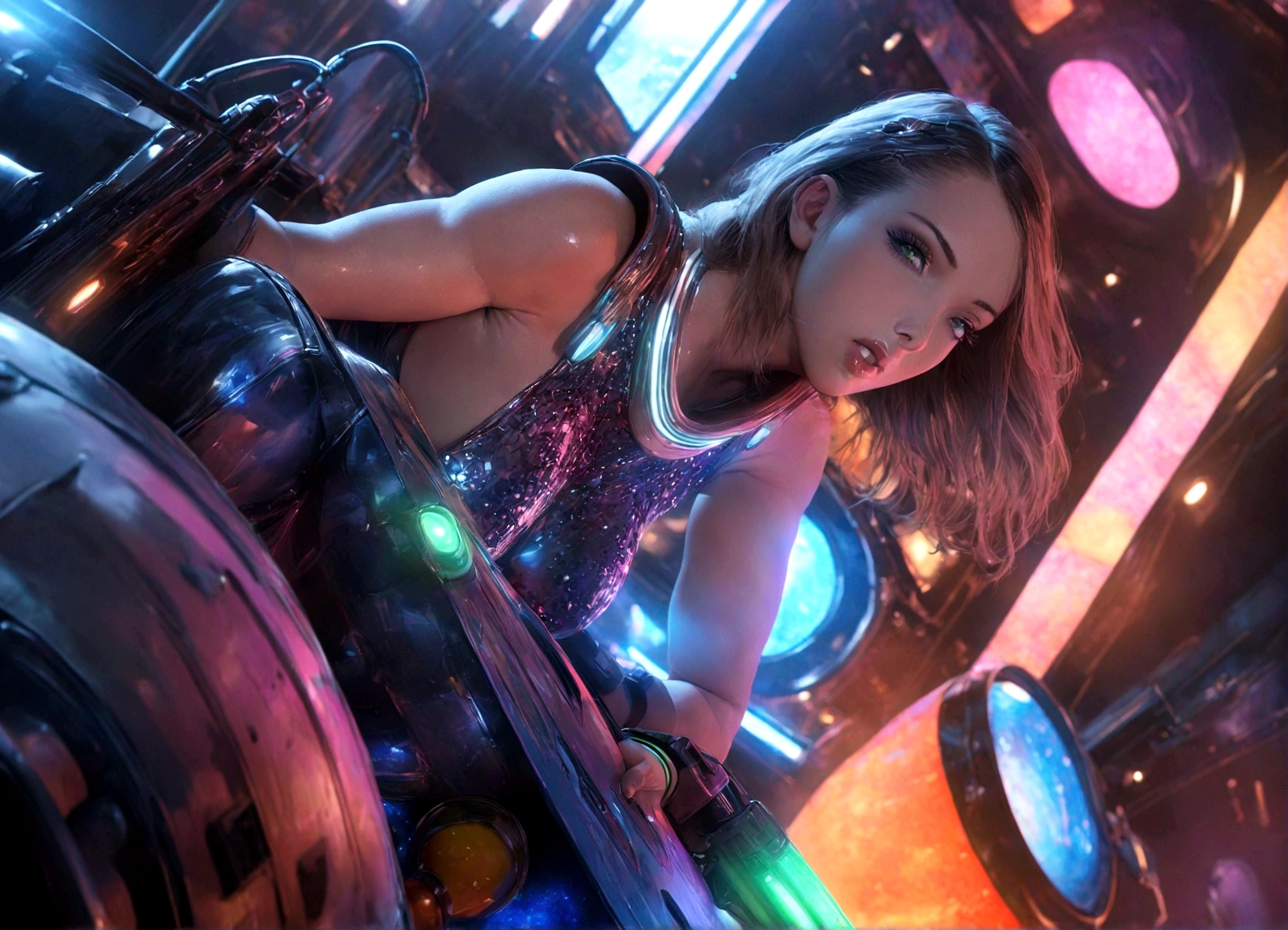 A sexy female space captain in a 50s-styled space outfit piloting her rocket with blinking controls and bright lights, highly detailed, photorealistic, 8k, hyper-realistic, extremely detailed, ultra-detailed, masterpiece, detailed eyes, detailed lips, long eyelashes, muscular, confident expression, dramatic lighting, neon colors, intricate ship interior, glowing displays, metallic textures, shiny surfaces, dynamic pose, cinematic angle
