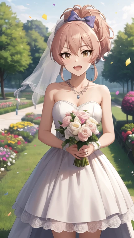 masterpiece, best quality, highres, Jougasaki Mika, ponytail, hair bow, wedding dress, strapless, necklace, white dress, garden, standing, cowboy shot, holding bouquet, open mouth, smile, confetti,