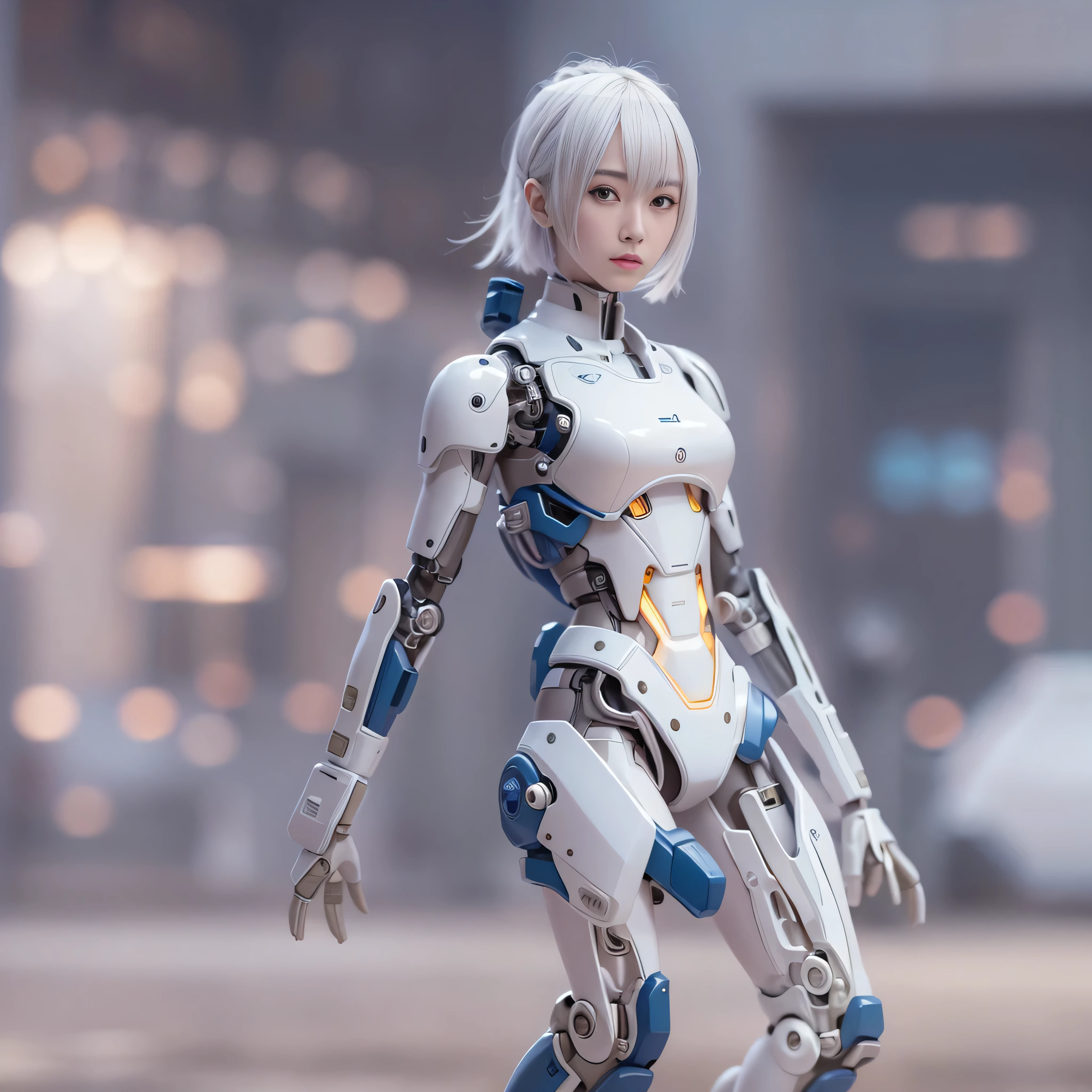 masterpiece, highest quality(:1.2), Very detailed, Japanese Android Girl,slender,Control panel,Mechanical Hand,Robotic arms and legs, Blunt bangs,A revealing white robot body,((Ceramic body with many gaps:1.4)),(Bare skin visible through the gaps:1.4), Side boo boo, Underboo Boo, White long boots,Perfect Cyborg Girl,Charging Spot,She is charging now,blue eyes, Extremely realistic texture, Human-like skin, Realistic Hair, Realistic metal texture, Professional Lighting, (RAW Photos), Realistic, (Portrait photo taken with a 200mm telephoto lens),