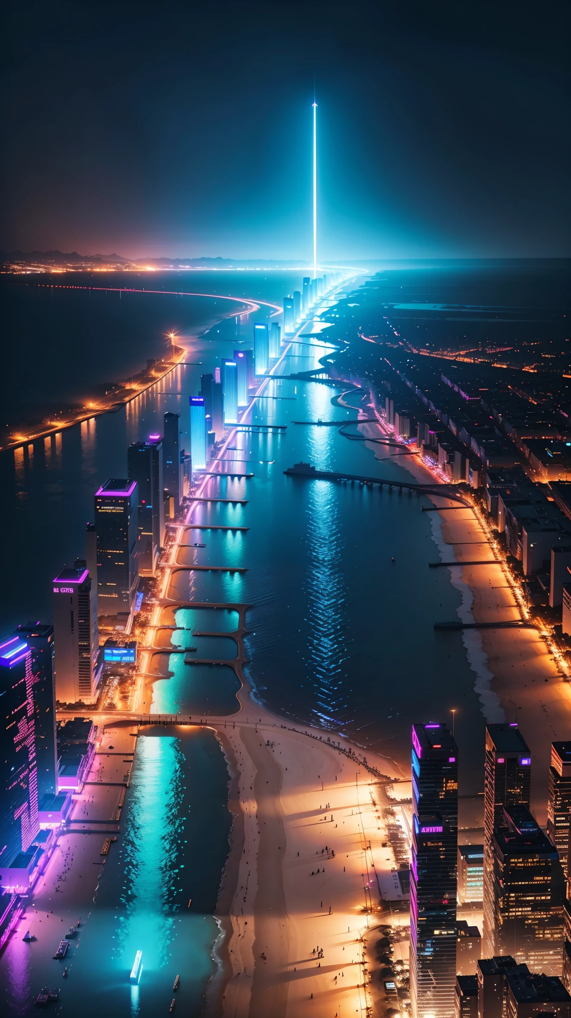 view seen from an drone cyberpunk beach, neon lights, fog, night, realistic, 8K highest quality,ultra high resolution,Super detailed,8K,photorealistic,best aesthetic,beautiful