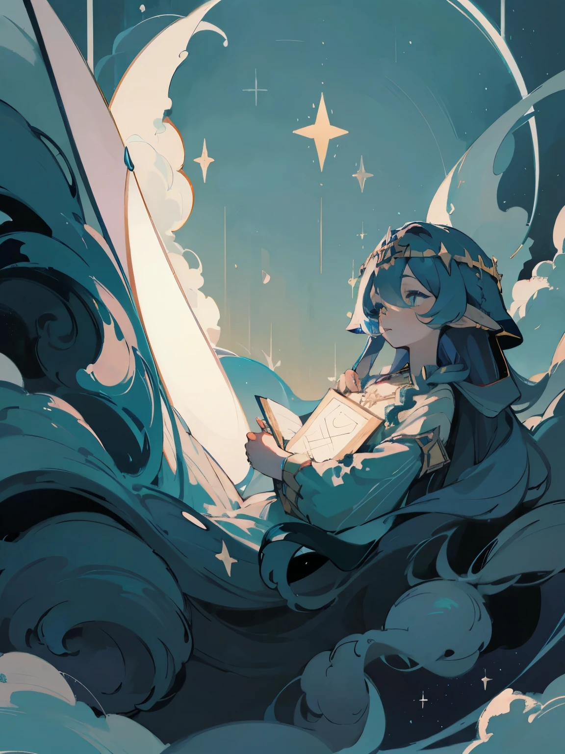 Layla, card, pretty, beautiful, and mesmerizing background, a character in the middle, perfect composition representing a tarot card, the most mesmerizing composition of an artwork, eternally ethereal artwork, (best quality,4k,8k, high res,masterpiece:1.2), ((masterpiece)), (((best quality))), slightly muted colors, Illustration, 1 girl, hair color, hairstyle fax, eyes, environment change, clouds, flowy hair, stars in hair, adult, starry eyes, sea, ocean, celestial, hairstyle fax, deity, muted blue hair, sky-like hair with stars, ocean hair, night sky, abyss theme, (ethereal being), ethereal pose, soft smile, (({comforting aura})), tiny blue stars everywhere, 2d painting, ({ethereal painting}), amano yoshitaka
