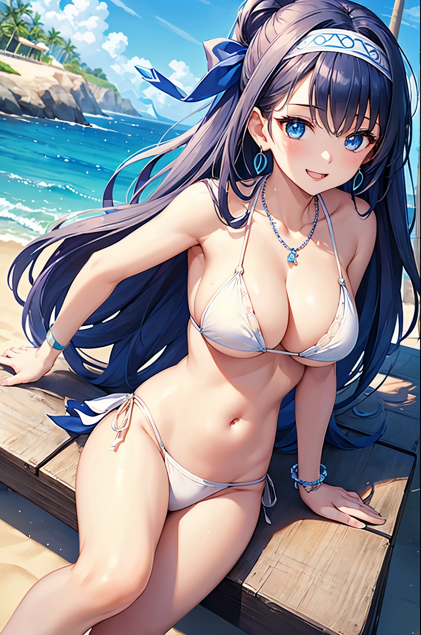 highest quality、highest quality、masterpiece、beautiful girl、Navy blue long hair、blue eyes、(Sexy White Bikini:1.3)、Big cleavage、(Big Breasts)、smile、blue necklace、Blue Earrings、background(Beach)、Please open your mouth wide、White headband、bracelet、Dynamic pose