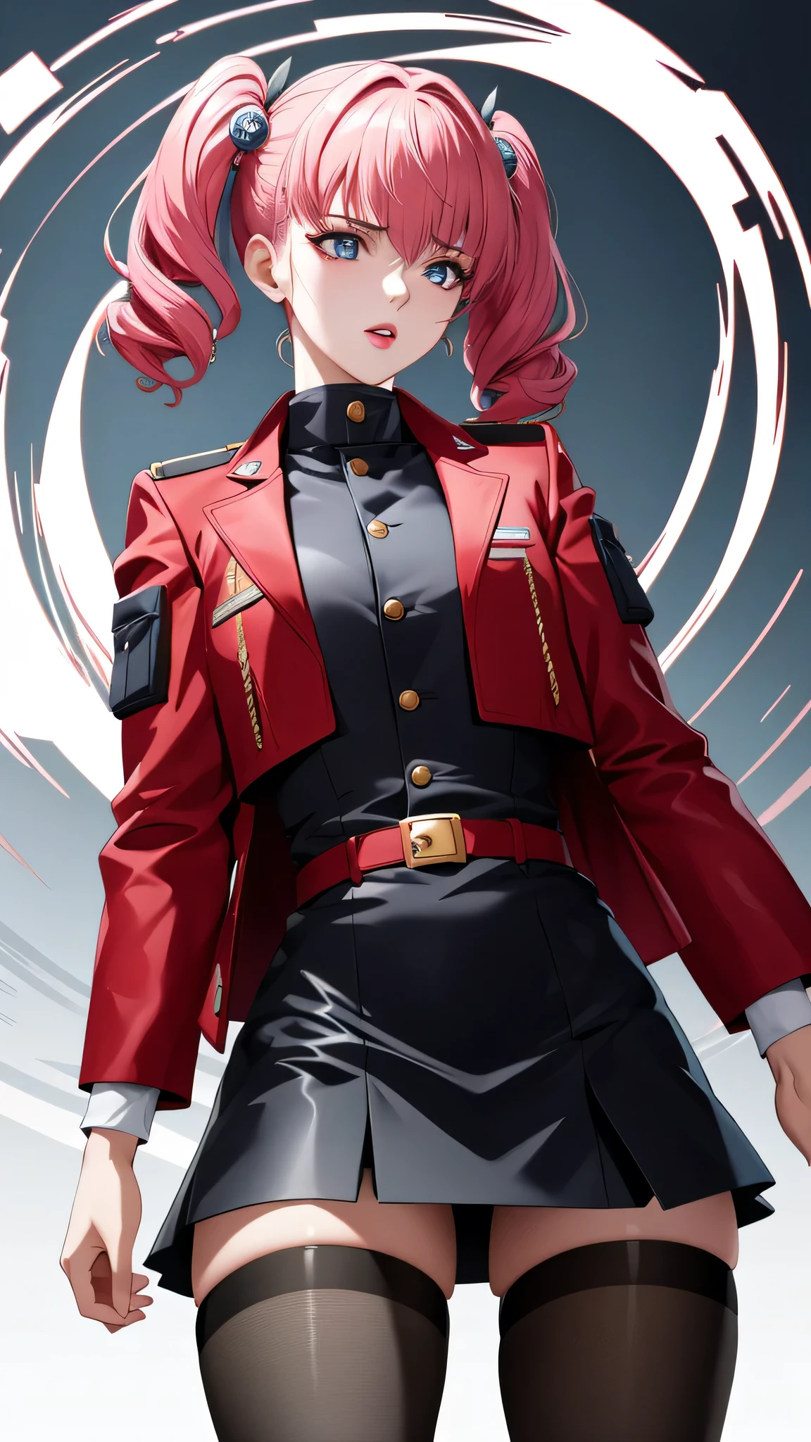 Fundamental seed,(Agnes giebenrath,),army, army uniform, Long sleeve, turtleneck, mini skirt, Red jacket, Black Shirt,
blue eye, Pink Hair,bangs,short hair,hair ornaments,Red lipstick,Twin tails,black outline,pink lips,eyeshadows,
break masterpiece ,8k unity wallpaper,anime key visual,highest quality, High resolution,  (shape:0.8),anime coloring,highly detailed face, detailed eyes,growing eyes,shiny skin,fine skin,white skin,dense skin,detailed hair,highly detailed legs,perfect lighting, Detailed CG, (perfect hands, perfect anatomy),High resolution,(Detailed wear ),slender limbs, delicate curves, dainty hands,figure:0.8,
