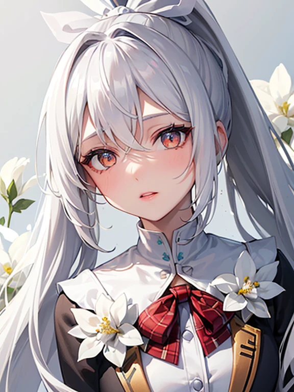 ((Gray Hair:1.2)),(Fluffy long hair:1.3),(Voluminous Hair:1.25),(Big ribbon:1.3),(White eyes:1.4),(Eye size:1.5),(ponytail:1.3),(A background full of pure white flowers:1.5),((Small breasts:1.2)),(Color:all white:1.3),((Face close-up:1.3)),(Focus on the face:1.2),Beautiful fine blue eyes: 1.1, compensate: 1.2, Seductive lips, Shy expression，The body is slim，Fair skin，Fine, translucent, shiny white skin，Transparent body, Breathtakingly beautiful，White shirt，Navy Blue Blazer，Short skirt with red plaid pattern，Medium chest，Unbutton one&#39;s shirt up to one&#39;s chest，Exposing breasts，Pink nipples and small areola，She lifts her skirt to reveal her pink shorts，Black knee-high socks，classroom