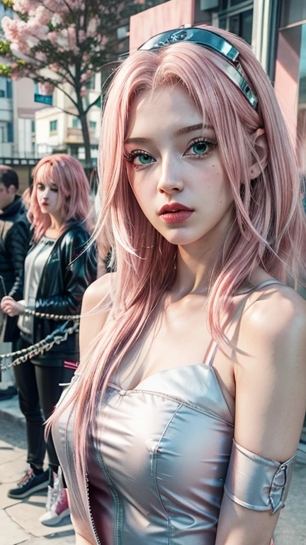 young woman, pale skin, short bubblegum pink hair, wide forehead, emerald green eyes, buttoned nose, peach lips, heart-shaped face, slender, red clothes, Sakura Haruno, 3d, realism, angelic face, maya in net
