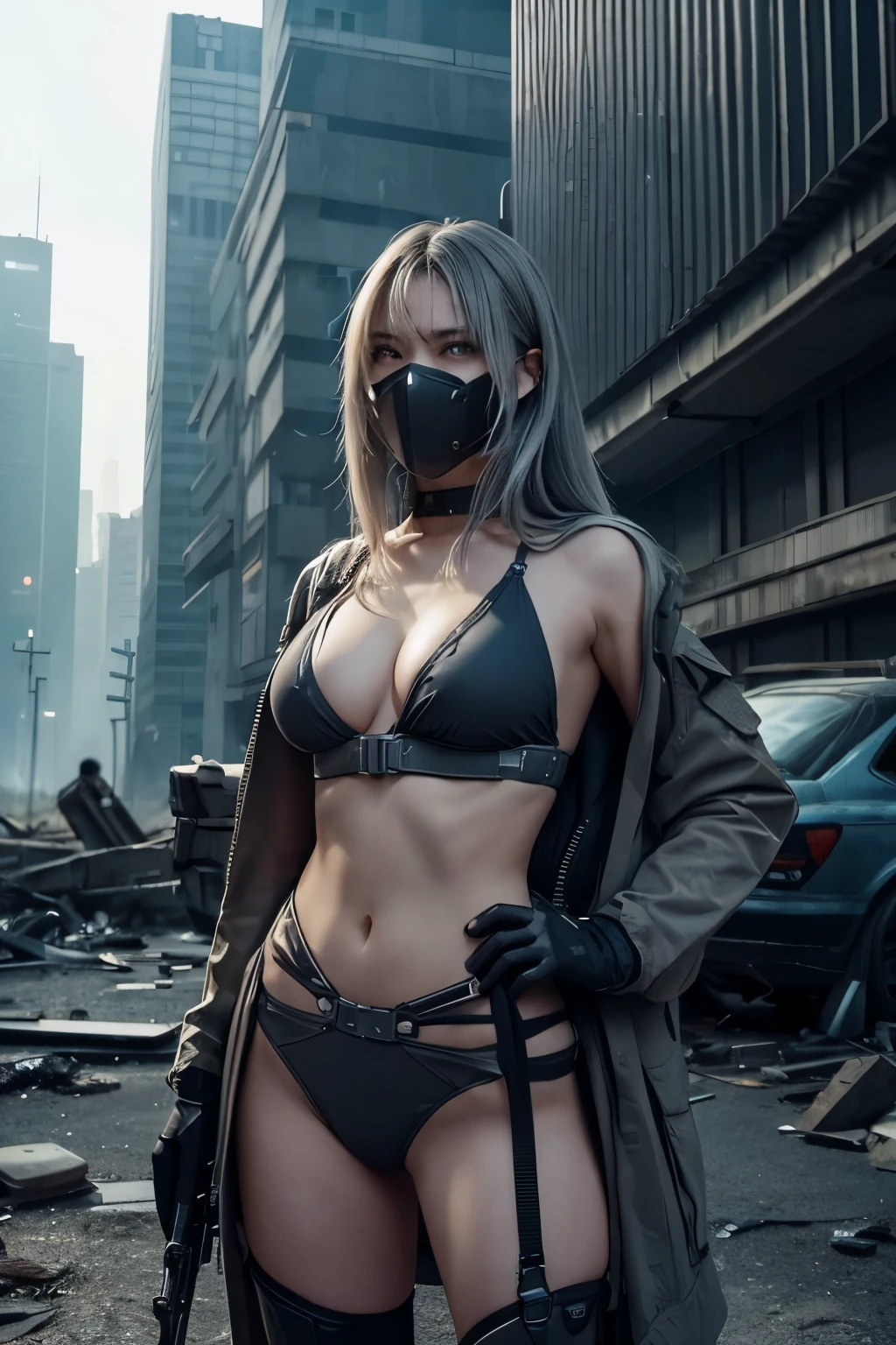 A female character stands against the backdrop of a ruined city in the near future.、Wearing high-tech gear。Her hair is silver and、It is long and straight。He has a gas mask on his face、Showing fighting stance。Her eyes are sharp、He has a determined look on his face.。

She is wearing grey bikini combat armor and jacket.、Multiple weapons and equipment are attached to the body.。In his right hand he holds a large rifle、He has a gun in his left hand。Her equipment is highly technologically advanced.、It gives off a cyberpunk vibe.。

In the background, abandoned buildings stand in a row.、There is a gloomy atmosphere。The overall color scheme is monochrome.、The scenery is reminiscent of a futuristic battlefield.。Her appearance is、It symbolizes strength and determination.、A tense scene is depicted。