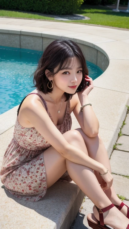 (8k, Photorealistic, Raw photo, Highest quality: 1.4),Japanese idol style1Beautiful girl of the person,18-year-old,Short bob hairstyle,Natural Waves,Silver Hair,She has her hair tucked behind her ears,She has small earrings in her ears,Big, clear grey eyes,Long eyelashes,Plump Cheeks,She is wearing pale pink lipstick.,Apply gloss over your lipstick for glossy, plump lips,Smiling,A short pendant is hanging around her neck.,The nails on both hands are painted with light pink nail polish.,Both toenails have red nail polish,(She is wearing a sleeveless floral dress,(Dark colored base :1.4),(Long length :1.2)),wearing sandals on bare feet,sitting on a bench in front of a park fountain,(View from below :1.3),Full body portrait
