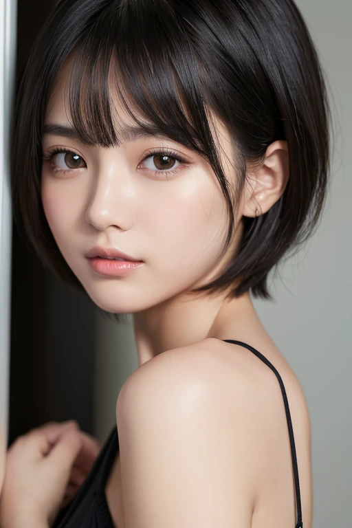 (High resolution:1.3), (16k, Photorealistic, Raw photo, Best image quality: 1.4), Japanese, (One Girl), Beautiful Face, (A vivid face), (Black-haired、short hair:1.3), Beautiful Hairstyles, Realistic eyes, Beautifully detailed eyes, (Realistic Skin), Beautiful skins, attractive, 超A high resolution, Surreal, High detail, Golden Ratio, Highly detailed cute girl,(20-year-old), lift up one's clothes