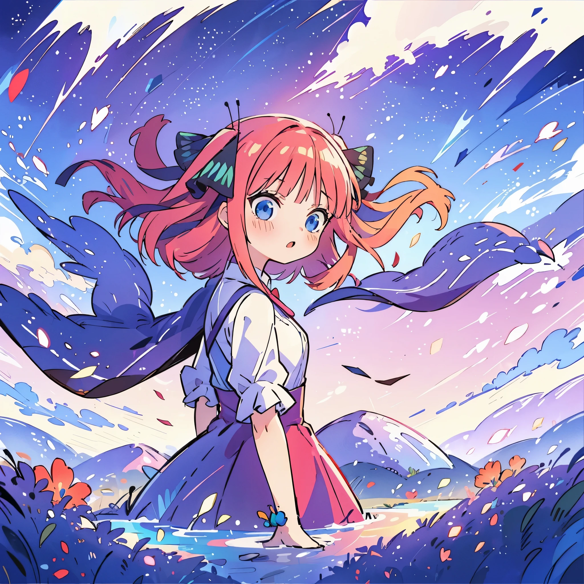 beautiful girl, gradient blue pink and purple ballgown, flowing pink red hair, otherworldly purples blues and greens landscape background, watercolor illustration, disney art style, glowing aura around her, flowing glowing hair, glowing flowing hair, fantasia otherworldly landscape, beautiful, masterpiece, best quality, nino nakano, hair ribbons, long pink silky hair, blue eyes, 4k, masterpiece, perfect quality, dynamic pose, perfect anatomy