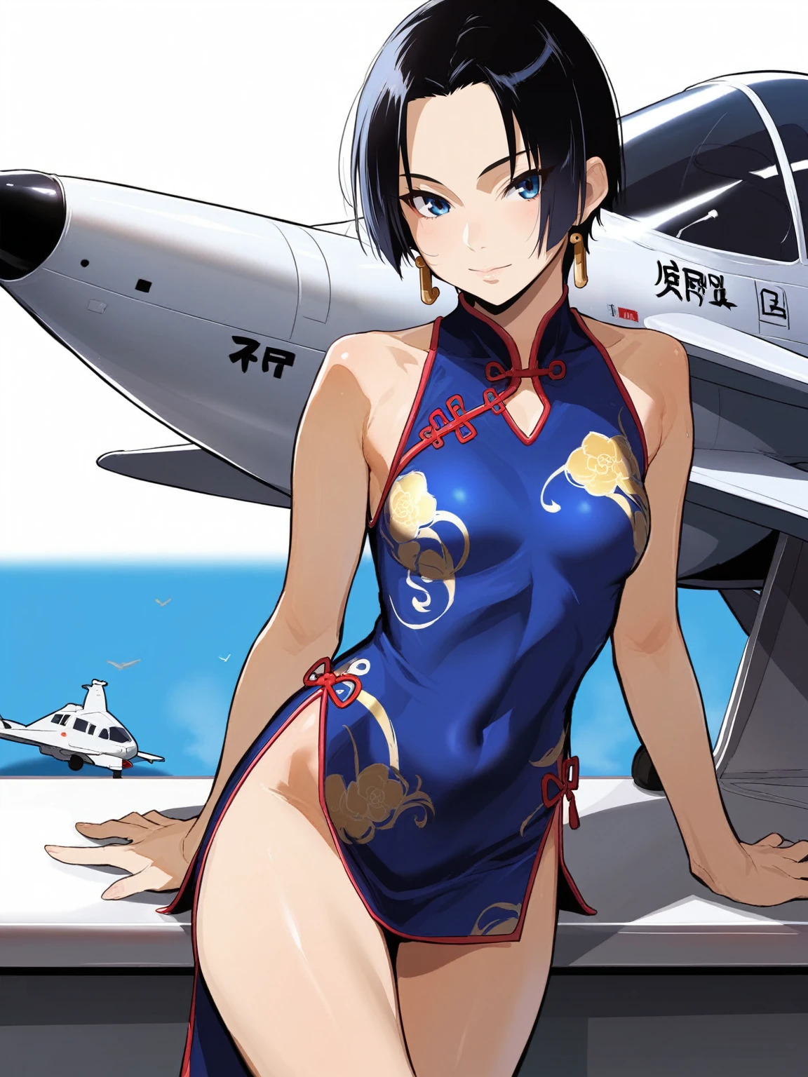 score_9, score_8_up, source_anime, solo, 1girl, tomboy,chibese dress, boa hancock, lole, young, ((aged down)), ikuchan, black hair, jet bkack hair, oriental, Chinese dress, short dress 