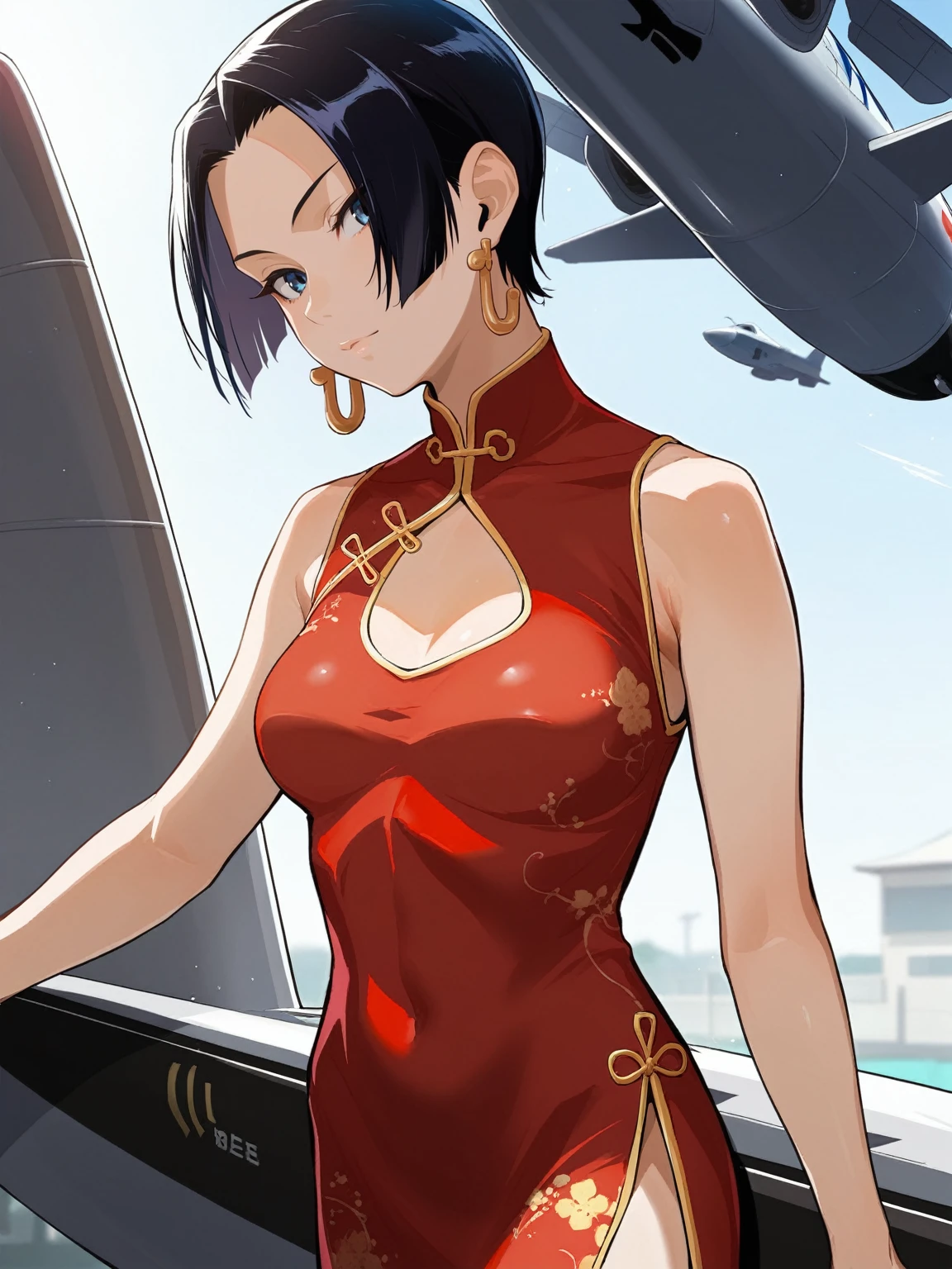 score_9, score_8_up, source_anime, solo, 1girl, tomboy,chibese dress, boa hancock, lole, young, ((aged down)), ikuchan, black hair, jet bkack hair, oriental, Chinese dress, short dress