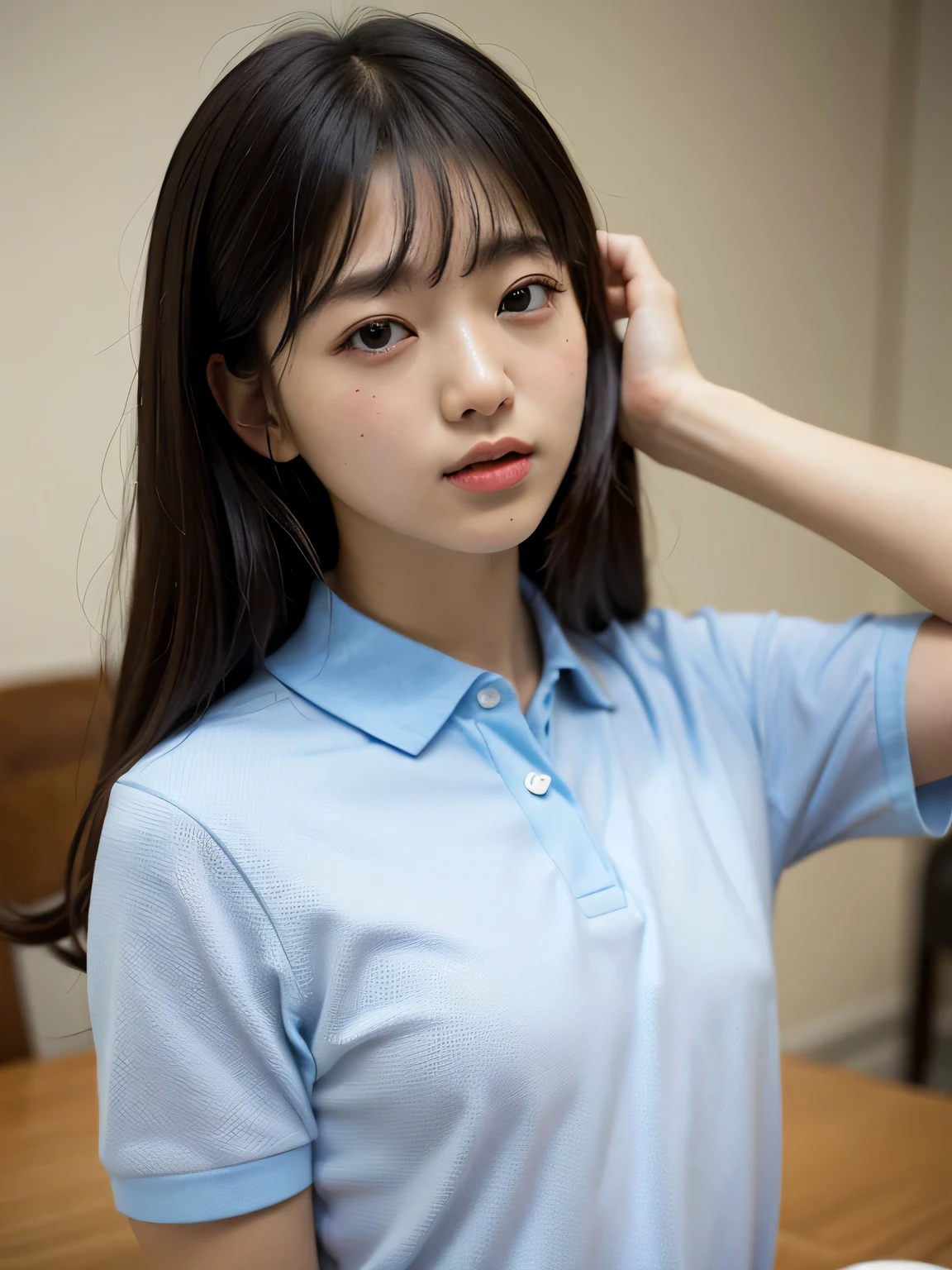 (Tabletop, highest quality:1.2), 8k, Official Art, Full body photo, Esbian all over、Back Angle、looked back、Cute ass、suit、Embarrassing black hair、14 years、small 、close your eyes、Deep sorrow、sorrow、Looking up at the sky、shout、 unbelievably ridiculous, (Upper Body, White polo shirt:1.4), beautiful girl, Pretty face, lean back, Cute Panties、Gold ornament in hair、Cute short sleeve high  for girls、close, Wearing a girls' high , Short sleeve, Gardenia, Violet, Teen,  View Viewer, Film Grain, chromatic aberration, Sharp focus, Face Light, Dynamic Lighting,, Eye and facial details, Light blue wall, (tie、1:1.2)