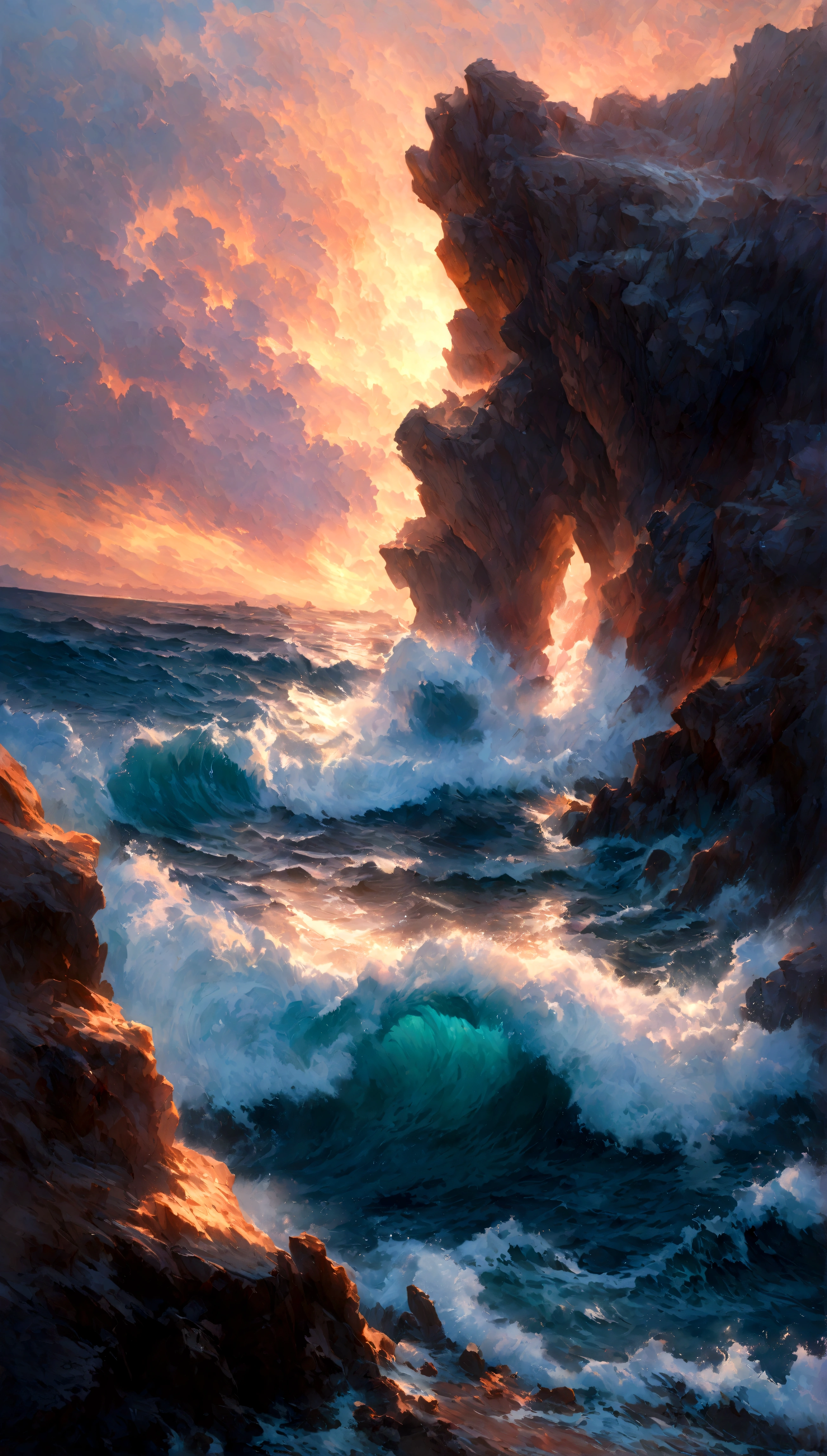A vibrant seascape scene capturing the raw power of the ocean with waves crashing dramatically upon rugged reefs. Cloudy twilight sky with purple and pink nuances. Realistic sea waters and rock formations. Expressionist light and shadow. Hyperrealistic oil on canvas. Detailed, intricate artwork.