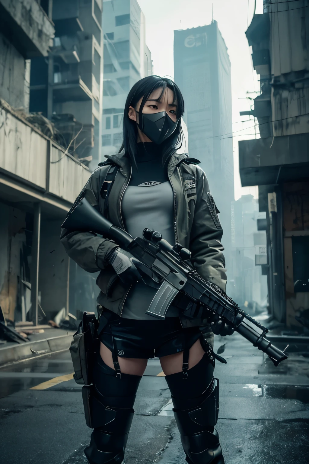 A female character stands against the backdrop of a ruined city in the near future.、Wearing high-tech gear。Her hair is silver and、It is long and straight。He has a gas mask on his face、Showing fighting stance。Her eyes are sharp、He has a determined look on his face.。

She is wearing grey bikini combat armor and jacket.、Multiple weapons and equipment are attached to the body.。In his right hand he holds a large rifle、He has a gun in his left hand。Her equipment is highly technologically advanced.、It gives off a cyberpunk vibe.。

In the background, abandoned buildings stand in a row.、There is a gloomy atmosphere。The overall color scheme is monochrome.、The scenery is reminiscent of a futuristic battlefield.。Her appearance is、It symbolizes strength and determination.、A tense scene is depicted。