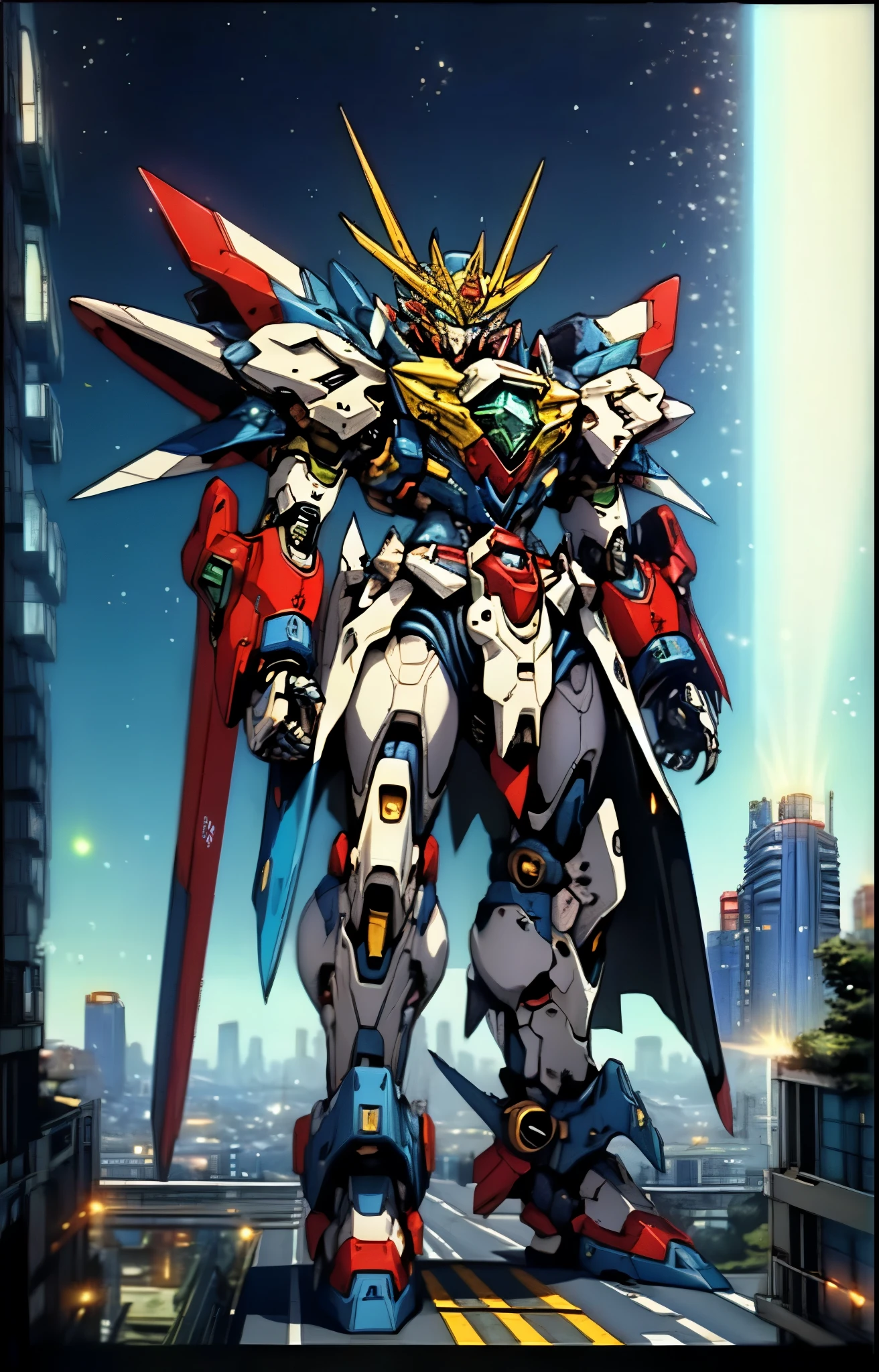 Humanoid Mecha, fully enclosed shoulder guards, matching arm and leg guards, full body, full armor, the design balances heavy with agility, (the color scheme is primarily white with red and blue accents, the concept Inspired by Super robot, organic biotech armor, standing, floating high above the futuristic sci-fi city), exquisite and mature art style, (aura effect, energy, glowing eyes, the armor glows), ((SRS)), metallic, dynamic, dramatic, high definition, best quality, highres, ultra-detailed, ultra-fine painting, extremely delicate, professional, perfect body proportions, anatomically correct, symmetrical face, extremely detailed eyes and face, high quality eyes, creativity, RAW photo, UHD, 32k, Natural light, cinematic lighting, masterpiece-anatomy-perfect, masterpiece:1.5