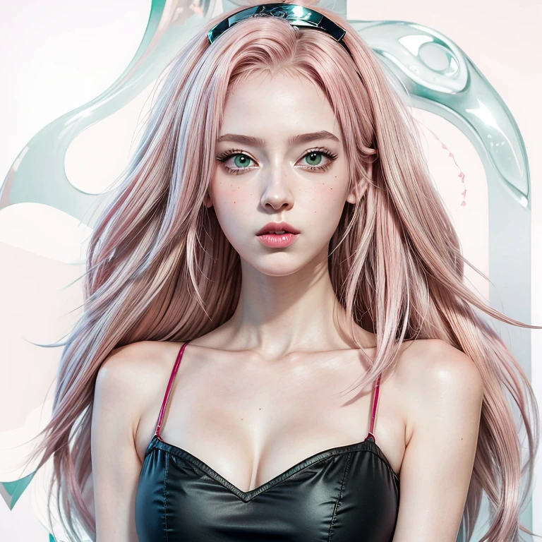 young woman, pale skin, short bubblegum pink hair, wide forehead, emerald green eyes, buttoned nose, peach lips, heart-shaped face, slender, red clothes, Sakura Haruno, 3d, realism, angelic face, maya in net
