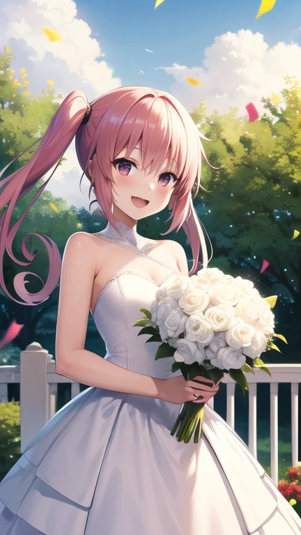 masterpiece, best quality, highres, Nana Asta Deviluke, long hair, twintails, wedding dress, white dress, garden, holding bouquet, smile, open mouth, confetti,