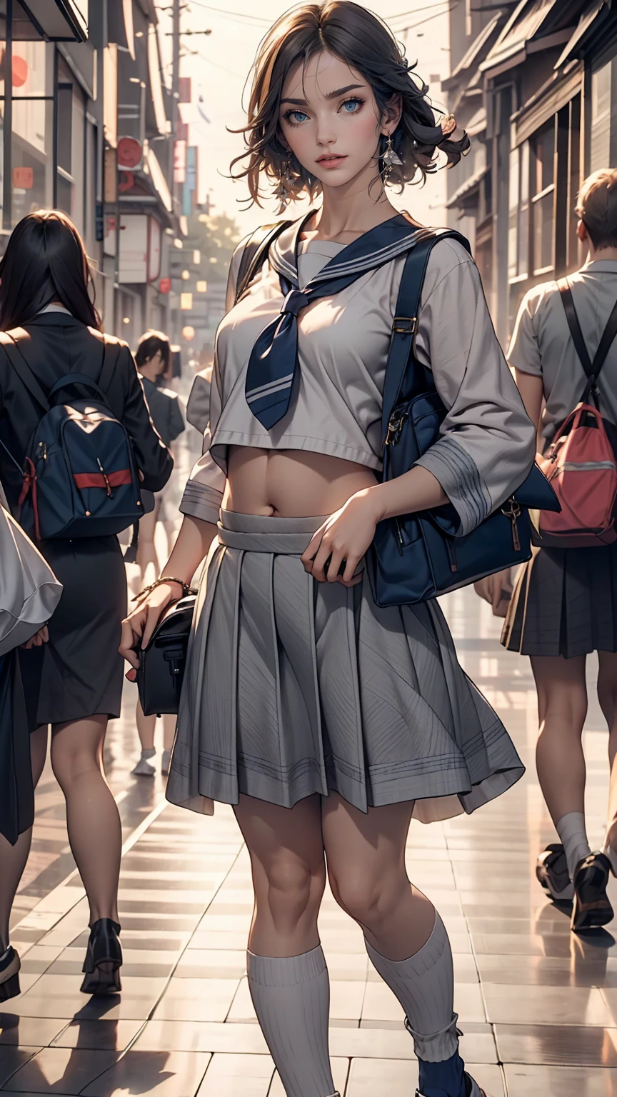 Japanese women、high school girl、White sailor suit summer uniform、Navy low rise pleated skirt、I can see my belly button、White socks、loafers、Carrying a school bag