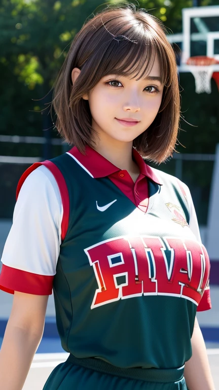 (RAW Photos:1.2), (Realistic:1.4), Beautiful Japanese Girl, Very detailed eyes and face, Beautiful details, Ridiculous, incredibly Ridiculous, Large file size, Very detailed, High resolution, Very detailed, highest quality, masterpiece, shape, Very detailed, CG, Unified, 8k wallpaper, wonderful, Fine details, masterpiece, highest quality, Very detailed CG、8k wallpaper, Light on the face, Cinema Lighting,( One Girl),(Big Ass)、Curvy,(Full Body Shot)、(the wind is strong)、26 years old、Slightly brown hair color,((short hair))、Shiny Hair、 ((basketball uniform:1.4)),Red uniform,((No sleeve)),(Inside the gym)(Basketball court:1.2), ,(Ample breasts:1.4)、Seductive pose、Small nose、Short nose、(Shiny Hair:1.4), sweat,wet,enraptured smile