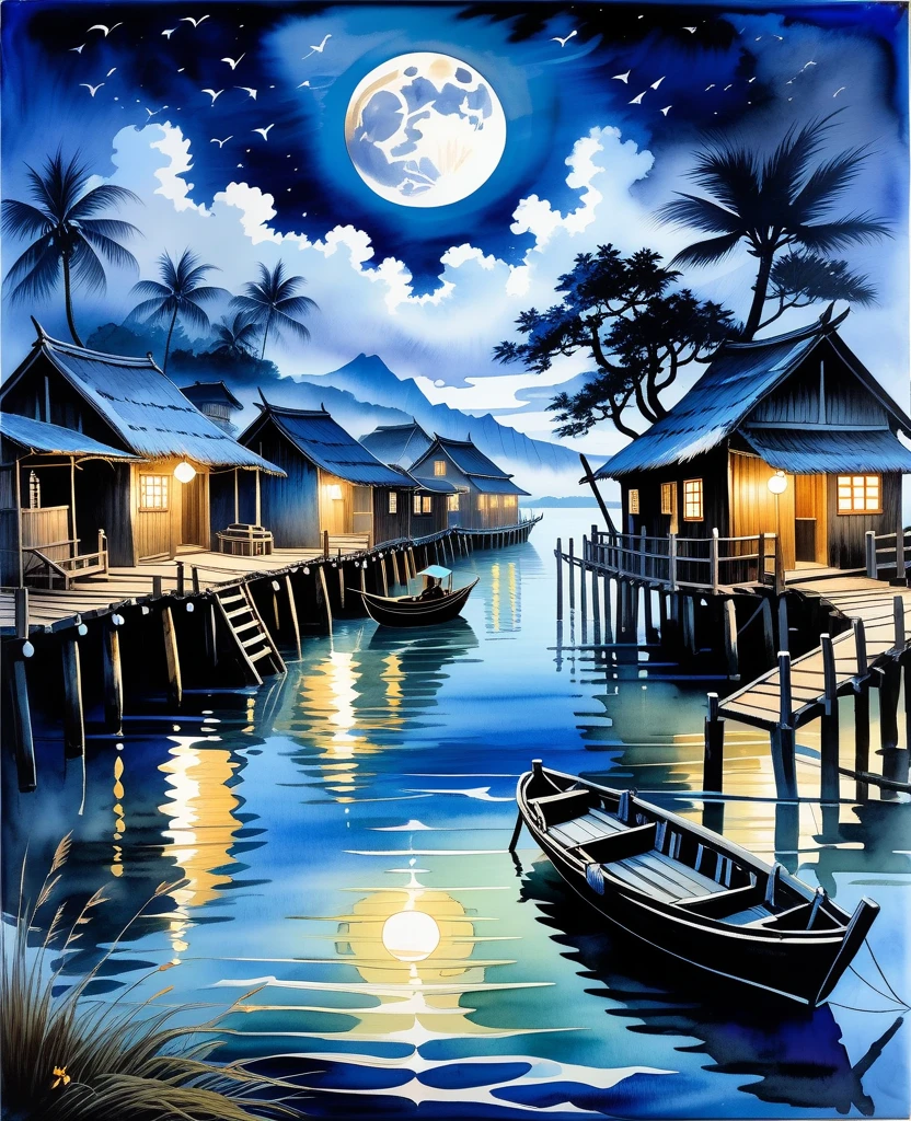 a A stunning masterpiece fantasy landscape of a traditional fisherman's village with wooden houses, wooden bridge and platform, stoned pathway, coconut trees, fisherman's boats, all in a very dark blue color, with a full moon in the sky, deep darker blue to contrast and look like an ancient village, long grass, weeds, wildflowers, flying birds, and a wooden road sign written 'SWARAKOE' readable and correctly spelled, with added lanterns hanging from the wooden houses, a silhouette of a fisherman casting his net into the water, and the reflection of moonlight on the calm waters, with fireflies around the lanterns, a small wooden pier with fishing nets and baskets, and subtle ripples in the water from the fisherman's net, painted in Van Gogh style with watercolor, trending on ArtStation, with sharp focus, studio photo quality, intricate details, highly detailed, inspired by Greg Rutkowski, plus a misty fog over the water, distant mountains in the background, reflections of lantern light on the wooden pier, old fishing nets drying on wooden racks, and worn-out textures and details to the wooden houses