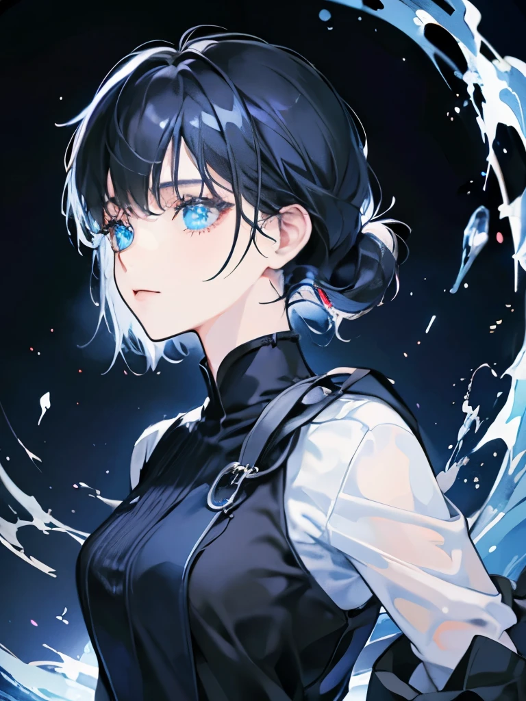 Beautiful young adult woman, short black hair, vibrant blue eyes, black clothing covered by a navy blue tunic, water magic, ultra detailed
