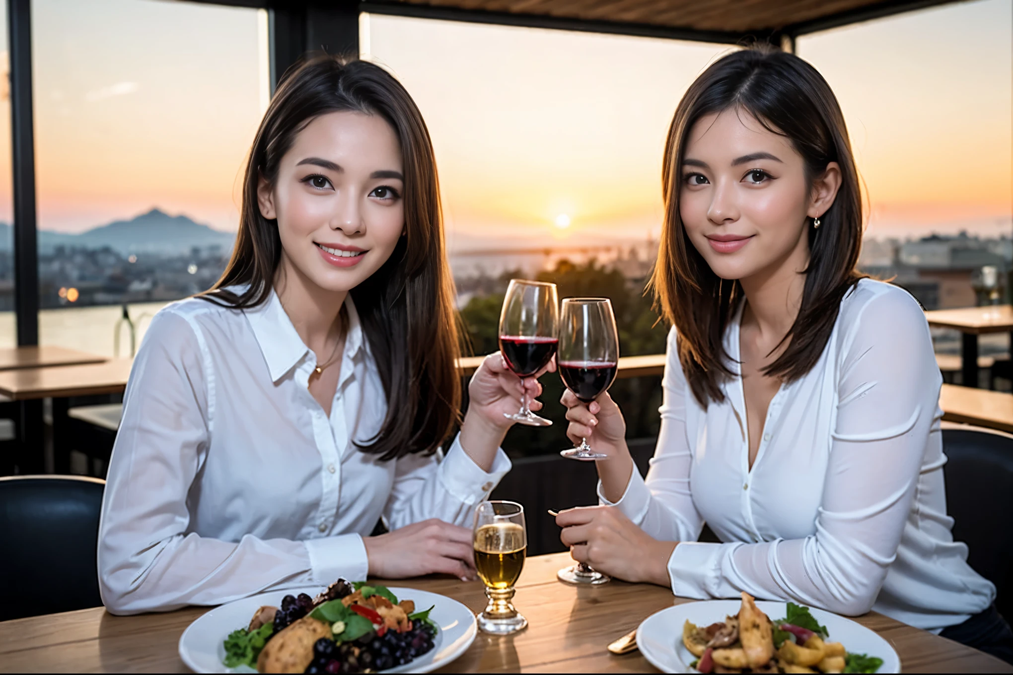 ((highest quality、8k、masterpiece:1.3))、1 male、1 female、Spouse、Beautiful couple、smile、 (Slim face), (the body is スリム), (Brown Hair), (Shortcuts), ((Bob Hale、Straight hair:1.2)), テーブルの上のwine glass、Please shine a light on my face、 Amazing view of the sunset sky and clouds、Amazing mountain views、smileの美しさ、Bright image、Blushing, Shortcuts,Bright Face、 (42 years old), 39 years old, red wine 、Appetizers、Italian food、Wine bottle、Champagne、sparkling wine、Long sleeve shirt、dress、Attractive beauty、restaurant, Nova Frog Style, actress, model, Upper Body, White wine, red wine, wine glass, 