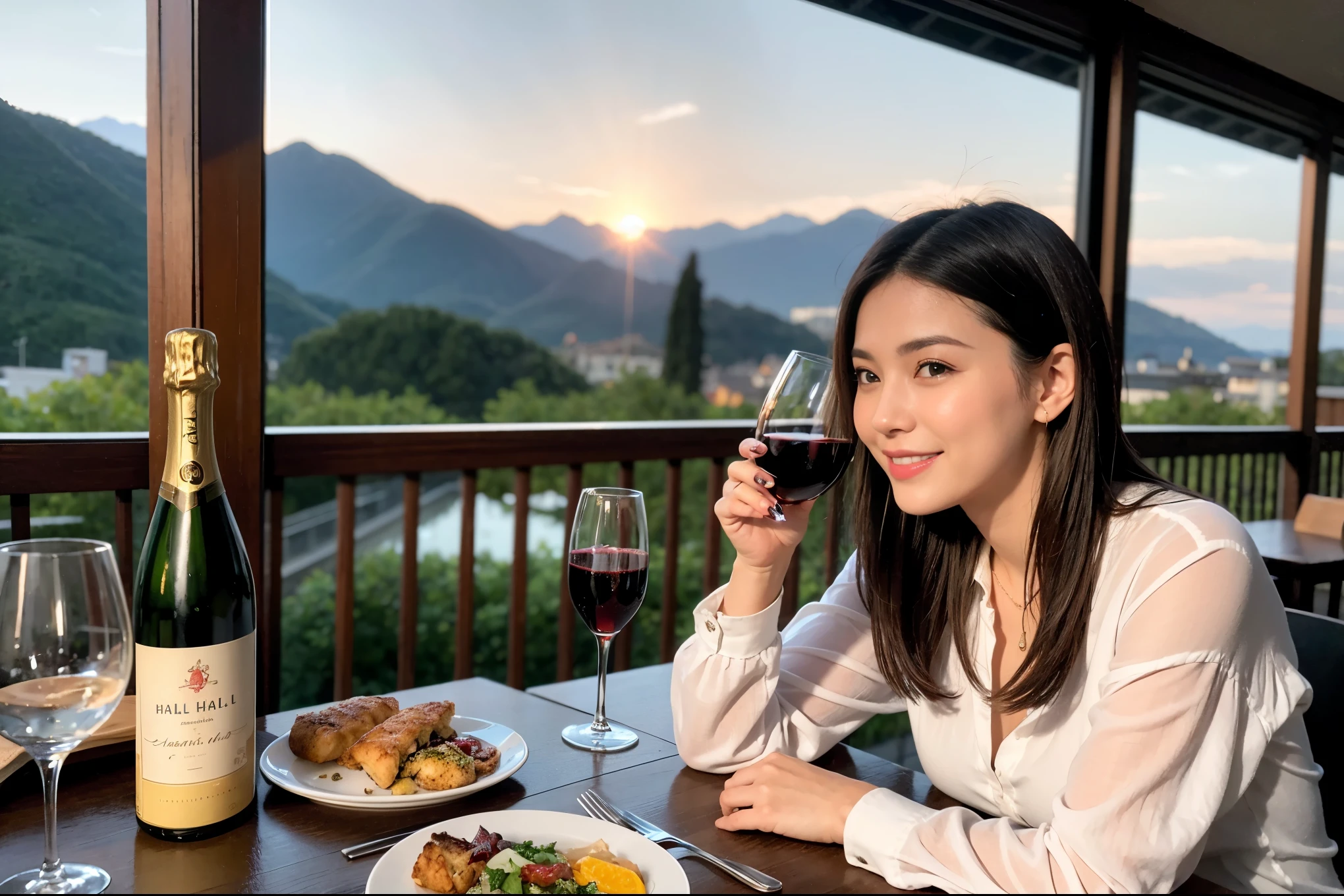 ((highest quality、8k、masterpiece:1.3))、1 male、1 female、Spouse、Beautiful couple、smile、 (Slim face), (the body is スリム), (Brown Hair), (Shortcuts), ((Bob Hale、Straight hair:1.2)), テーブルの上のwine glass、Please shine a light on my face、 Amazing view of the sunset sky and clouds、Amazing mountain views、smileの美しさ、Bright image、Blushing, Shortcuts,Bright Face、 (42 years old), 39 years old, red wine 、Appetizers、Italian food、Wine bottle、Champagne、sparkling wine、Long sleeve shirt、dress、Attractive beauty、restaurant, Nova Frog Style, actress, model, Upper Body, White wine, red wine, wine glass, 