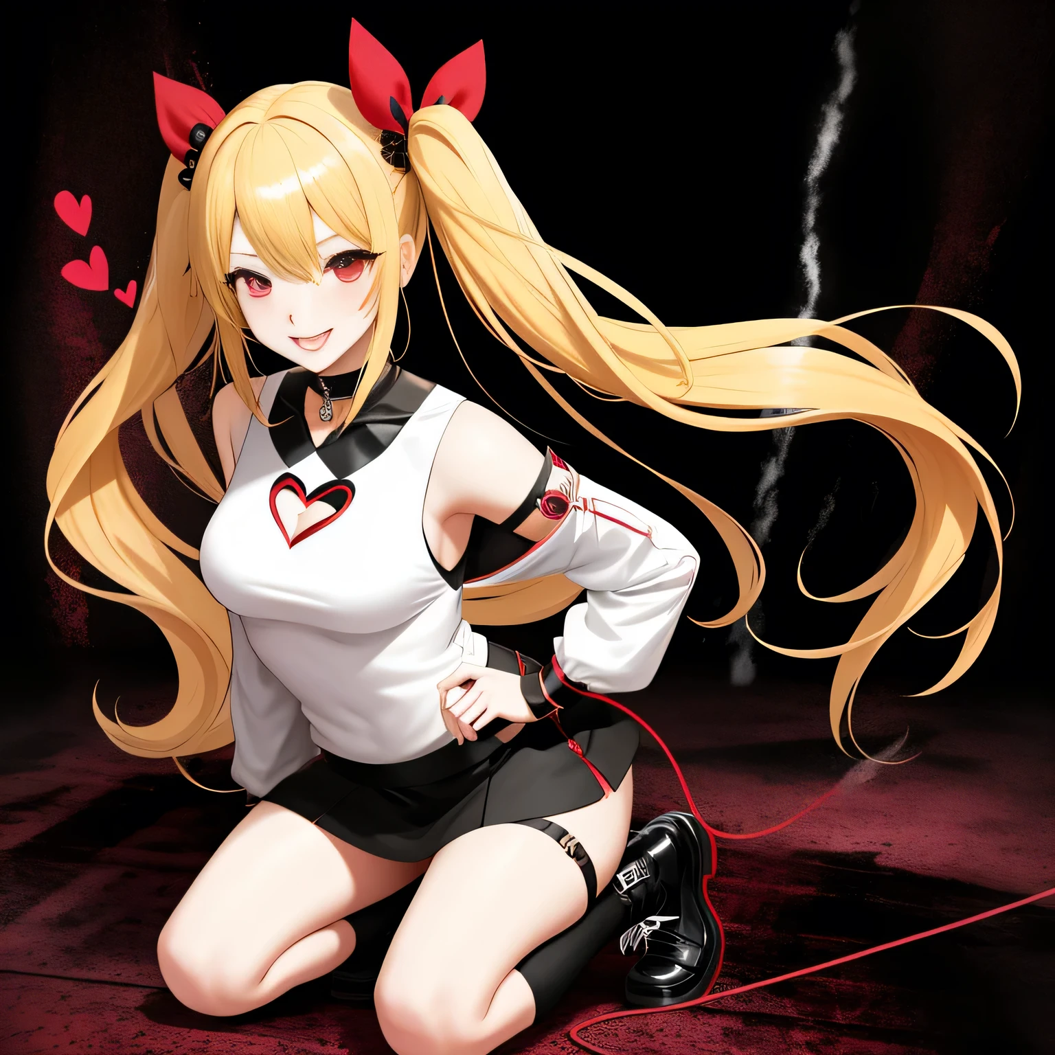 full body Esbian, full body, crouched, masutepiece: 1.2, Highest Quality), (Live-action, elaborate details), (1 Lady, Solo, Upper body,) Clothing: Edgy, Black long jumper, red miniskirt, long hair with blonde twin tails,,,,,,,、Avant-garde, Experimental appearance: Long blonde twin tail hair 、Red eyes、Heart-shaped choker、The location: karaoke、Solo, Nice smile、Value Creation in Mixed Media Art: individuality, authenticity, Creative expression