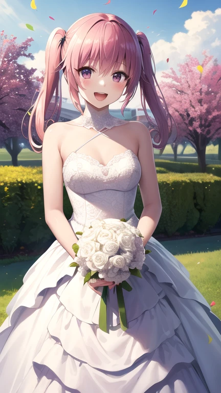 masterpiece, best quality, highres, Nana Asta Deviluke, long hair, twintails, wedding dress, white dress, garden, holding bouquet, smile, open mouth, confetti,