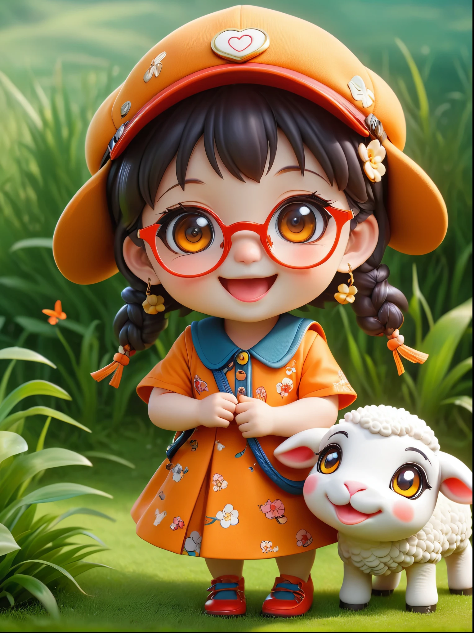 (chibi)，(masterpiece, top quality, best quality, official art, beautiful and aesthetic:1.2), cute lamb ip,koi,chibi face,grass,red scar, laugh,beautiful dress, cute cartoon diagonal shoulder bag, orange cartoon glasses, yellow pattern wool cap, 1fkxc1