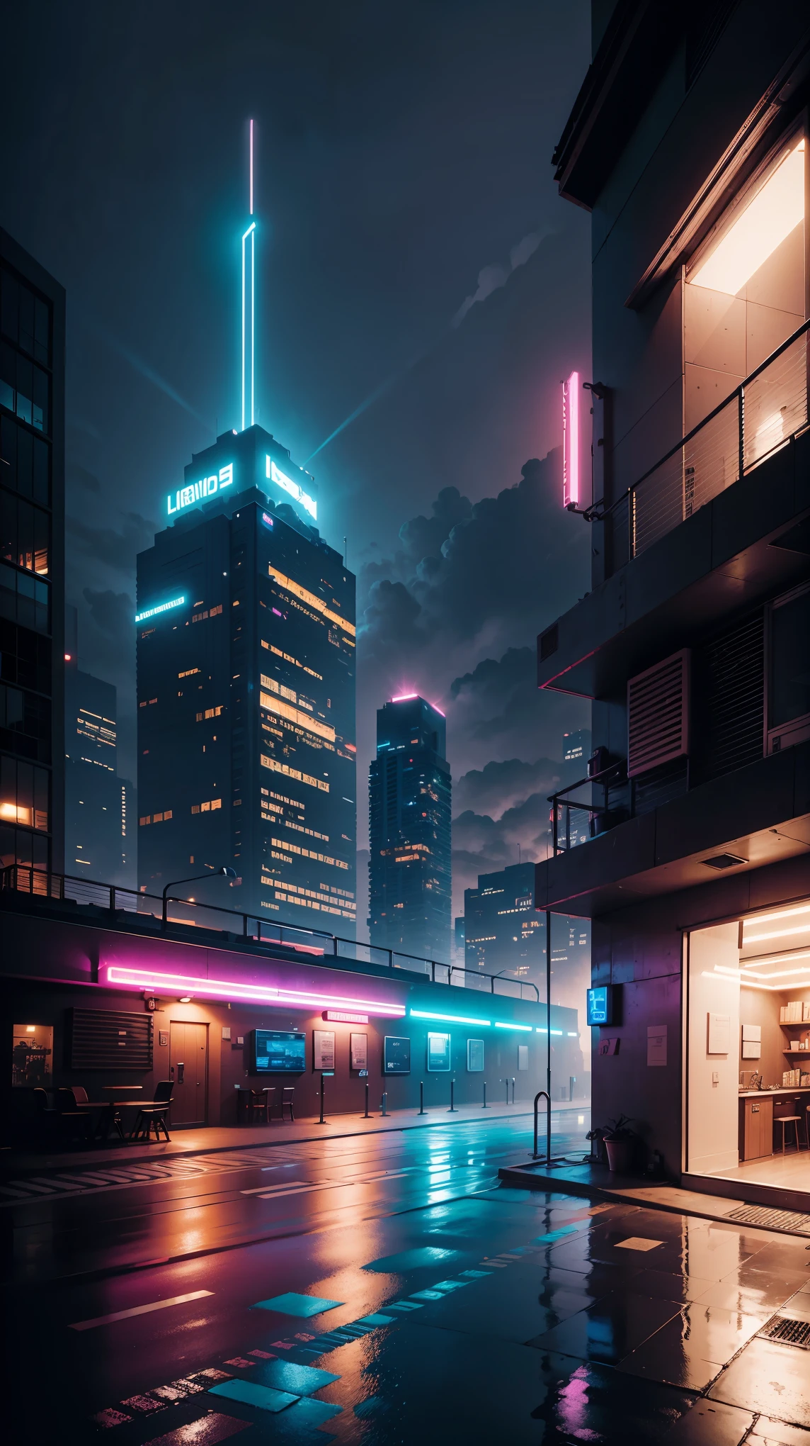 view seen from an building cyberpunk beach, neon lights,  fog, night, realistic, 8K highest quality,ultra high resolution,Super detailed,8K,photorealistic,best aesthetic,beautiful