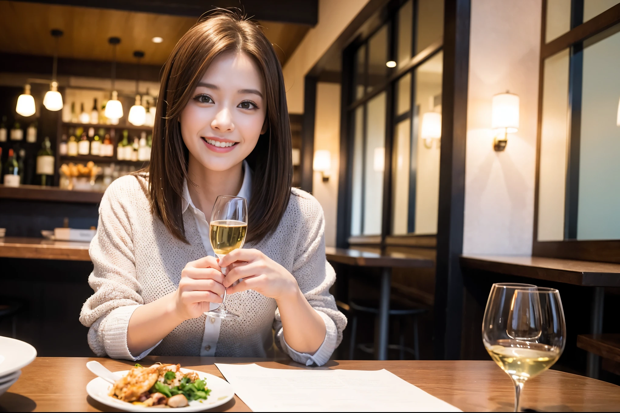 ((highest quality、8k、masterpiece:1.3))、1 male、1 woman who resembles Satomi Ishihara、Couple、Spouse、Couple、The body is slim、((Bob Hale、Straight hair:1.2)), (Realistic, Intricate details:1.2), テーブルの上のwine glass、Put the light on your face、 Amazing view of the sunset sky and clouds、Amazing mountain views、A bright smile、The wonderfulness of smile、Bright image、The beauty of wine, Beautiful Face, blue eyes, The light shines on your face, Blushing, short hair,Bright Face、 (33 years old), 39 years old, red wine 、Appetizers、Italian food、Wine bottle、Champagne、sparkling wine、Two beauties、Brown Hair、Shortcuts、Long sleeve shirt、dress、Pretty Woman 1, (slimな顔), (The body is slim), (Brown Hair), (Shortcuts), cheeks turn a little red,Attractive beauty、restaurant, In a prominent place (From the waist up) Nova Frog Style, actress, model, Upper Body, White wine, slim, wine glass, 中央に置かれたwine glass, smile, (smile: 1.15), Beautiful fine grain, Depth f/2,saturation, High Contrast, Strong light and shadow,Moist Body:1.5、3D texture、Delicate eyes、Brown Hair、The hair is very shiny、