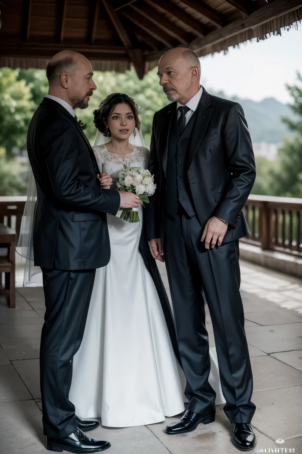 Vladimir lenin besandose apasionadamente con Iosif Stalin en su boda, los dos usando vestidos blancos y cortos, con invitados que son gatitos y perritos bebes