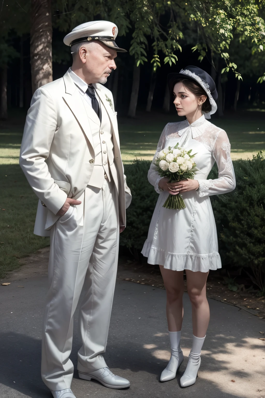 Vladimir lenin besandose apasionadamente con Iosif Stalin en su boda, los dos usando vestidos blancos y cortos, con invitados que son gatitos y perritos bebes