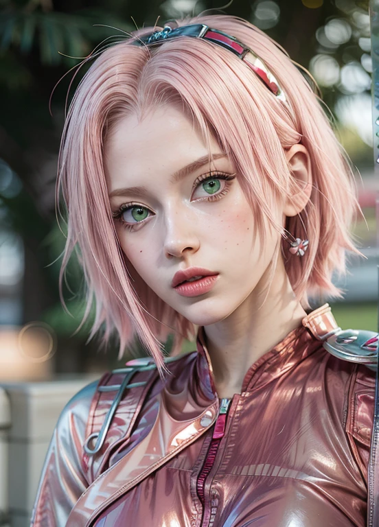 young woman, pale skin, short bubblegum pink hair, wide forehead, emerald green eyes, buttoned nose, peach lips, heart-shaped face, slender, red clothes, Sakura Haruno, 3d, realism, angelic face, maya in net